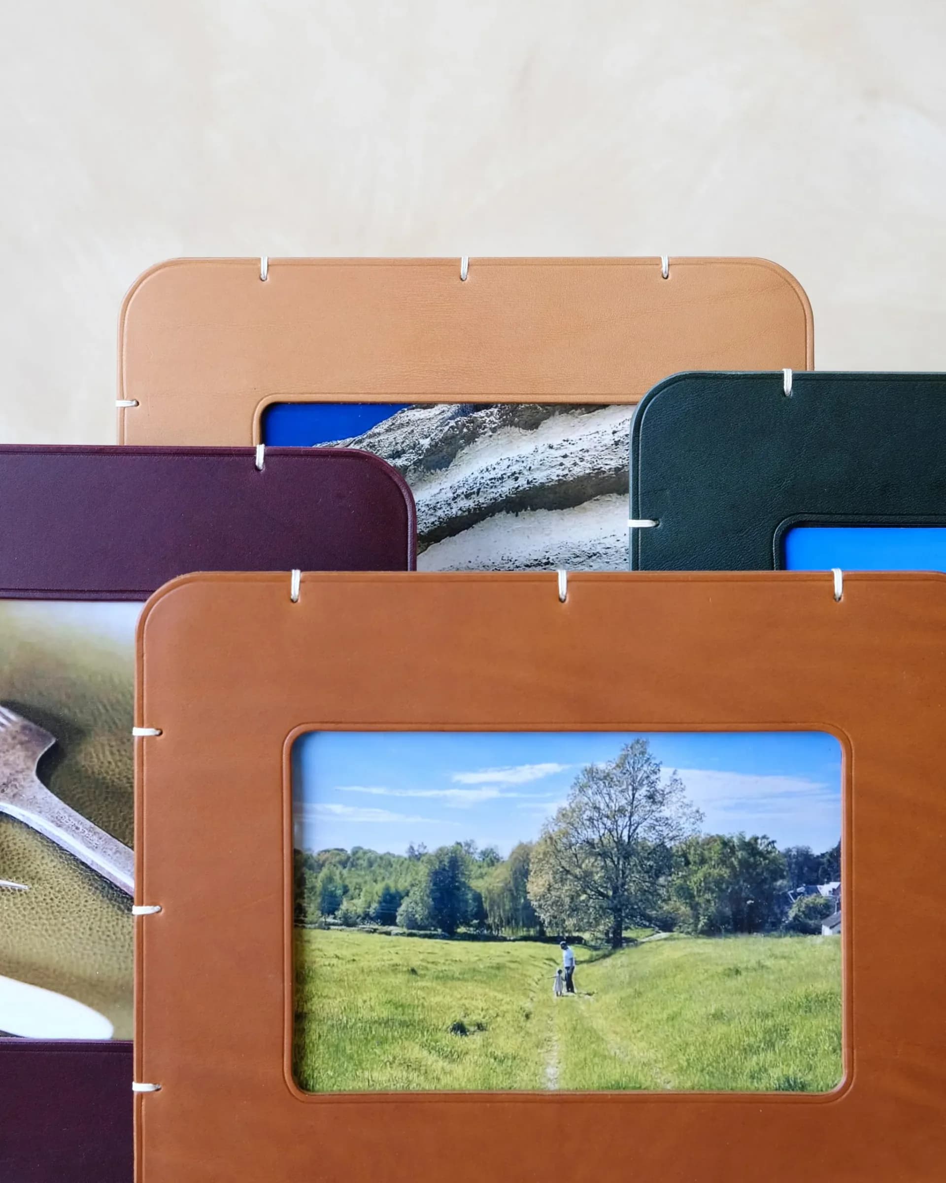 Leather-bound photo frames in warm tan and deep plum tones displaying landscape and nature photography, arranged in an overlapping composition by Otzi.