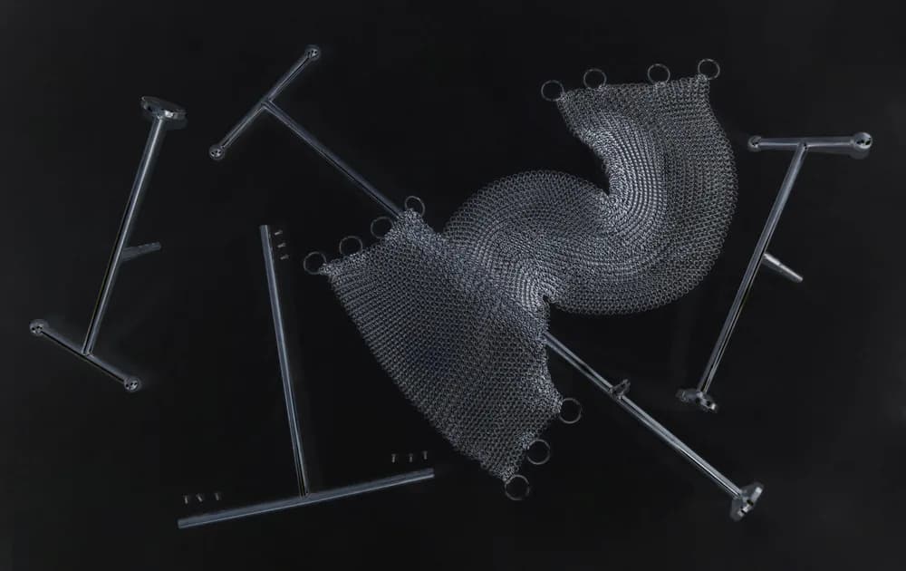 Abstract parametric wireframe structure with curved mesh forms and linear elements on black background by Panorammma.