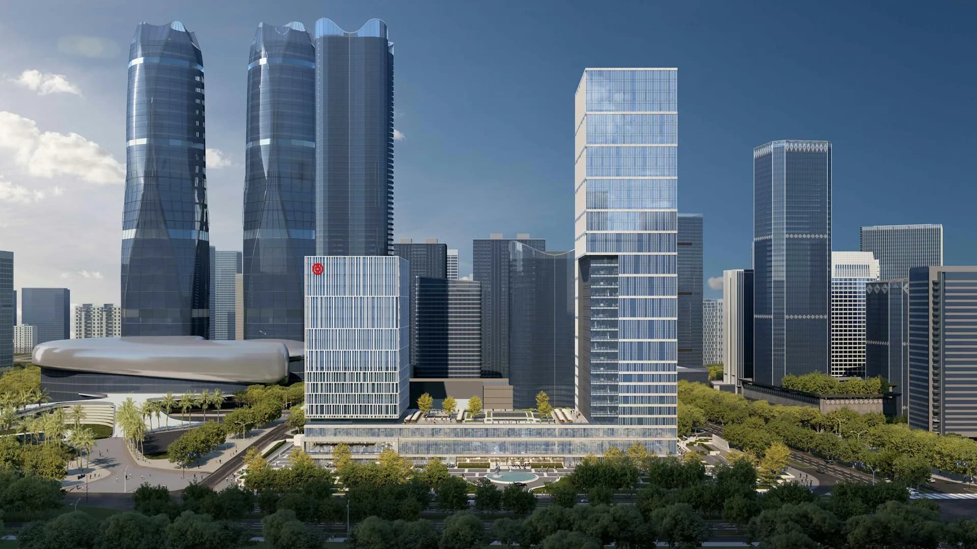 Architectural rendering of a modern mixed-use development with curved glass tower, green plaza, and surrounding skyline by PEI Architects.