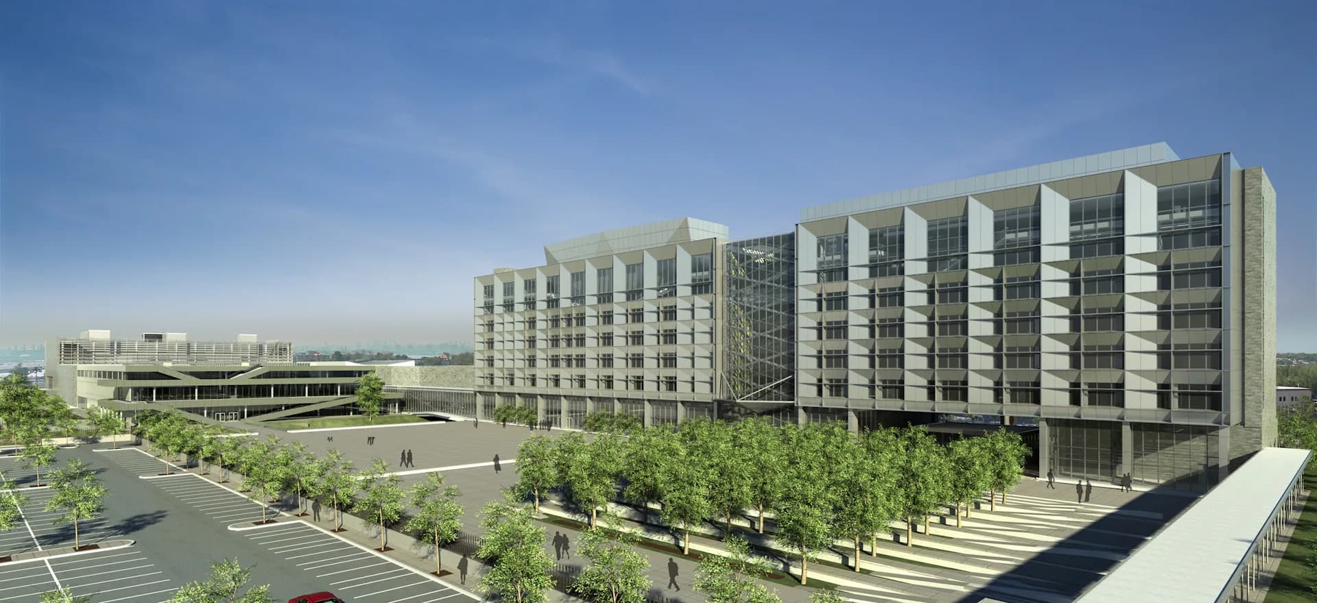 Modern multi-story residential building with glass and metal facade, surrounded by landscaped grounds with trees and plaza areas by Perkins&Will.