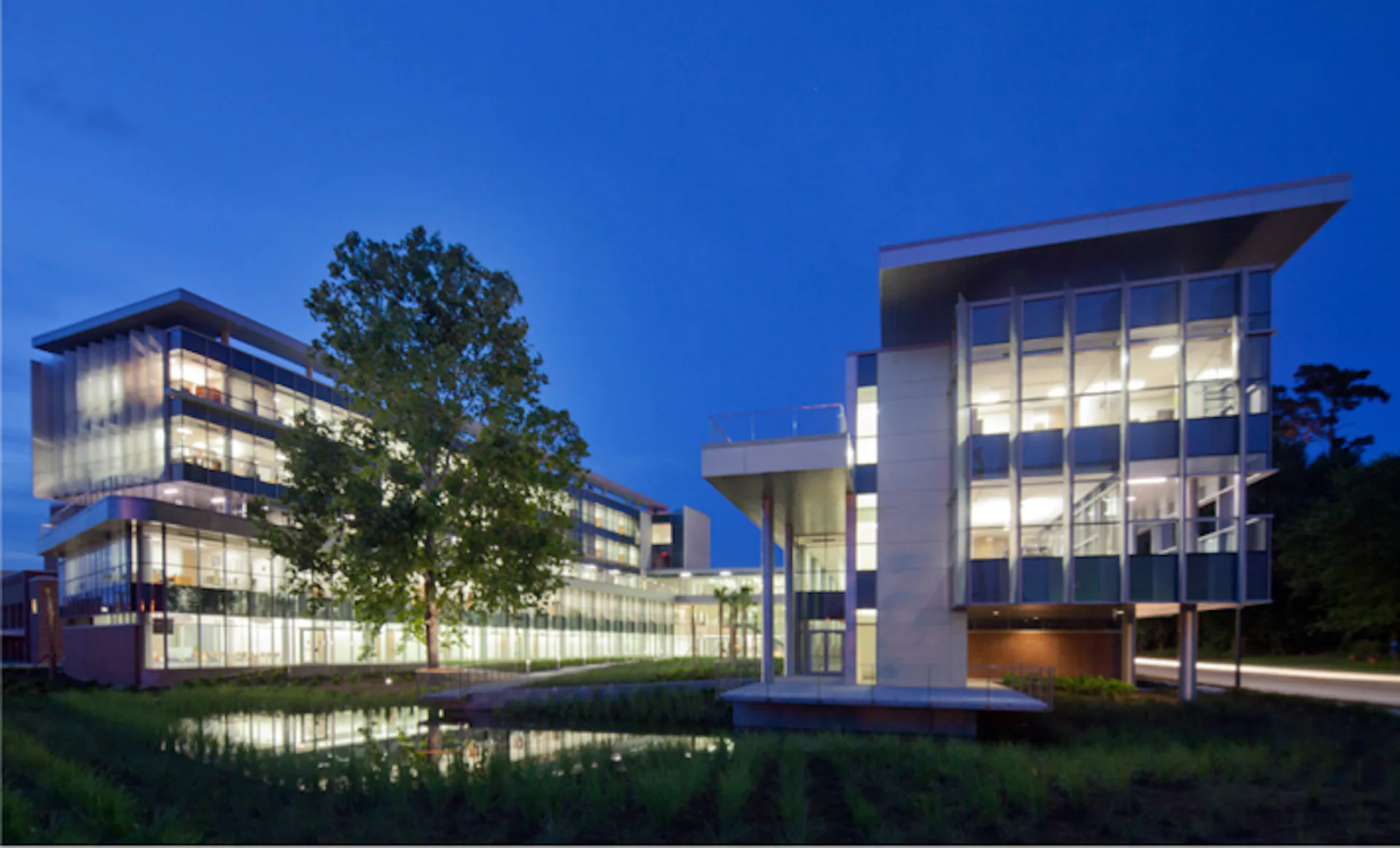 Illuminated modern institutional building with glass facades and angular roof forms set against twilight sky, designed by Perkins&Will.