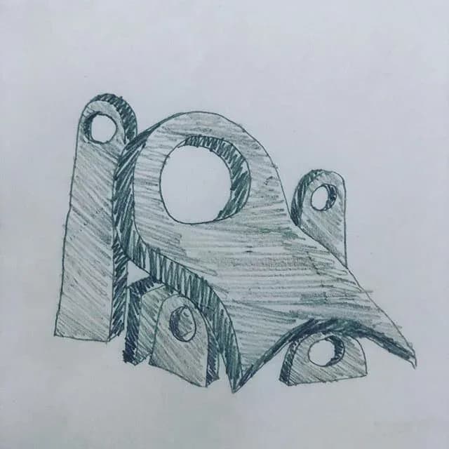 Architectural sketch with cross-hatched shading showing a three-dimensional structural form with curved and angular elements and multiple circular openings by Phaedo Design.