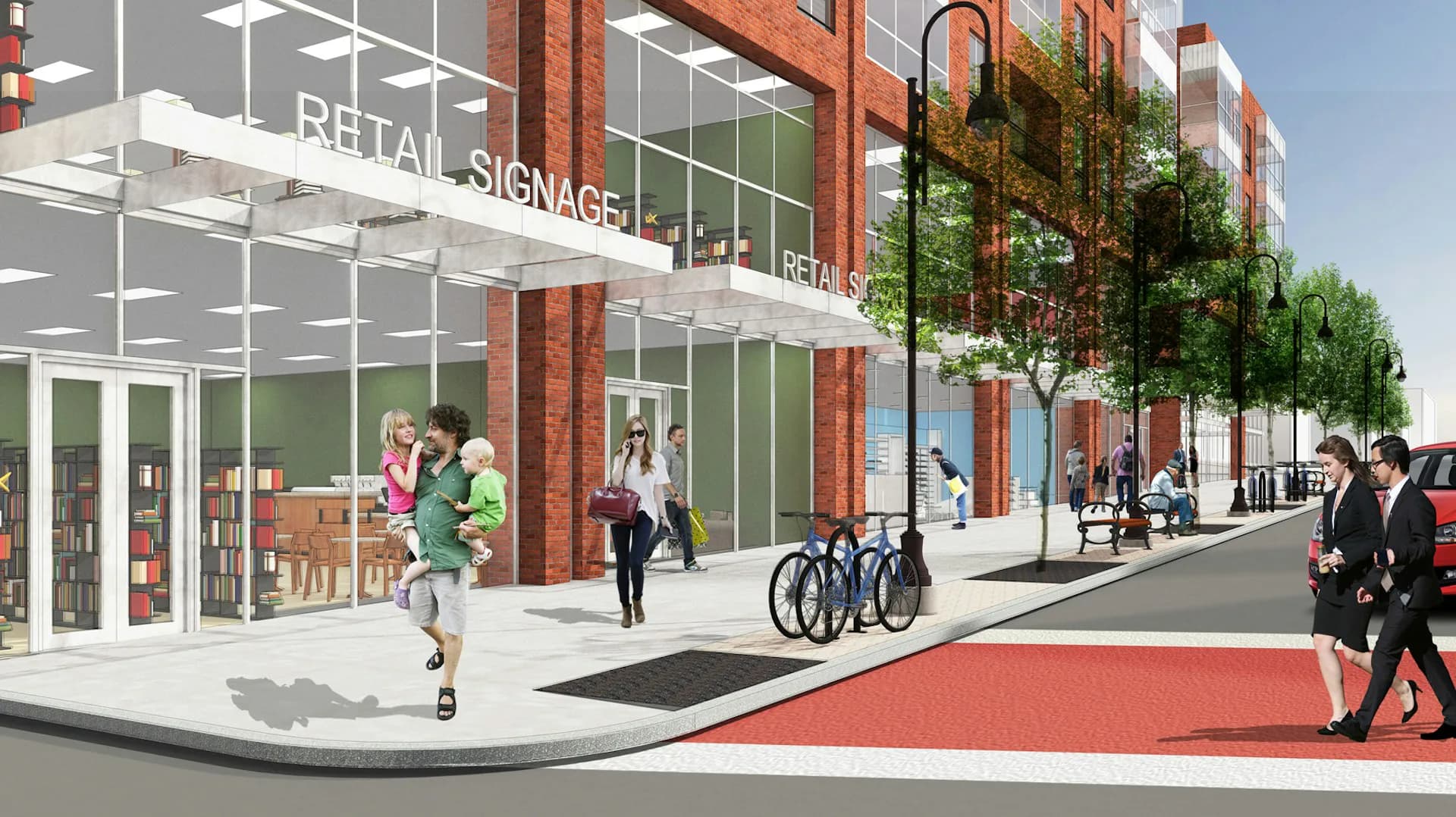 Street-level retail storefront with red brick facade, large glazing, and outdoor plaza with pedestrians and cyclists, designed by PKSB Architects.