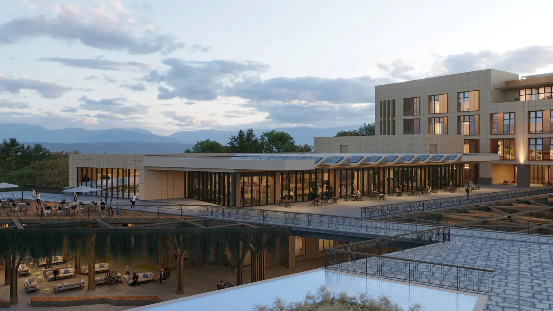Modern institutional building with warm wood and metal facade reflected in still water, illuminated at dusk, by Plan A.