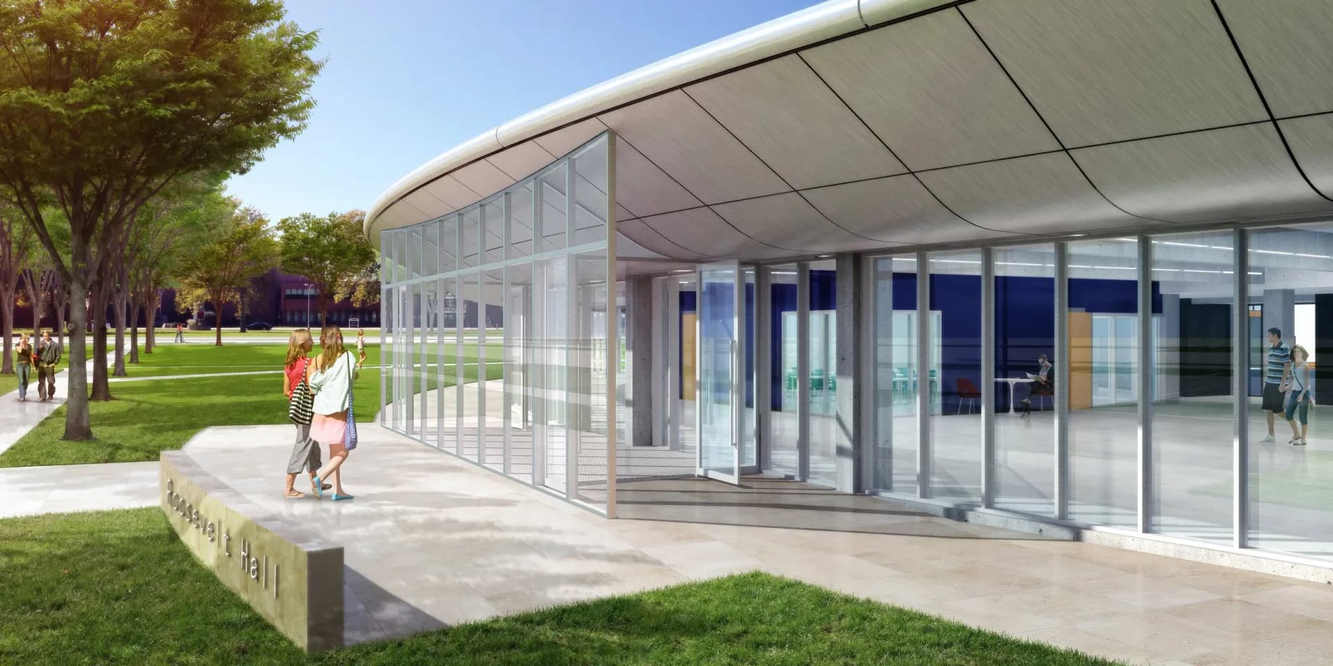 Modern pavilion with curved roof, extensive glazing, and concrete terrace overlooking landscaped grounds with trees and grass by Plan A.