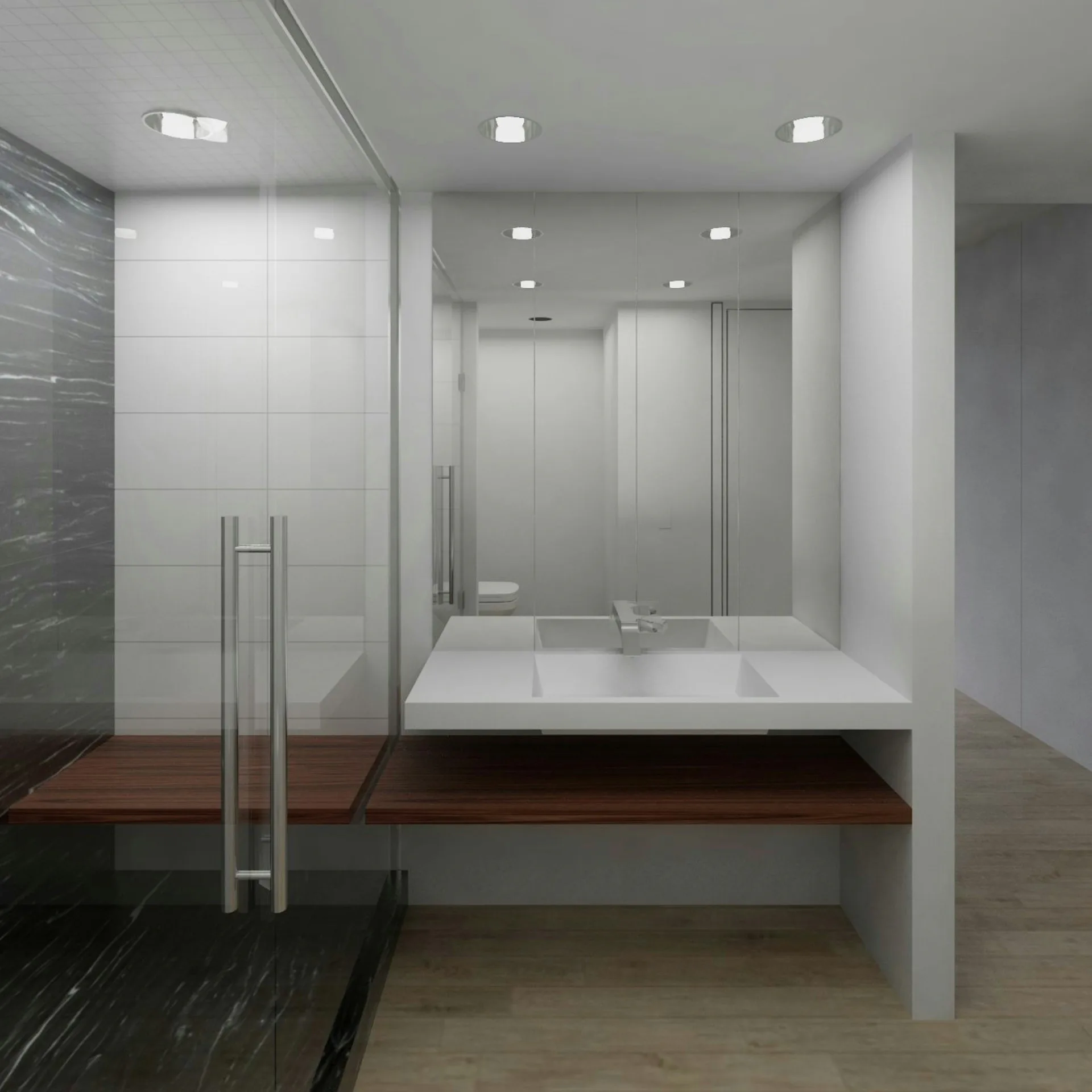 Modern bathroom interior with floating white vanity, glass shower enclosure, and recessed lighting by Pliskin Architecture PLLC.