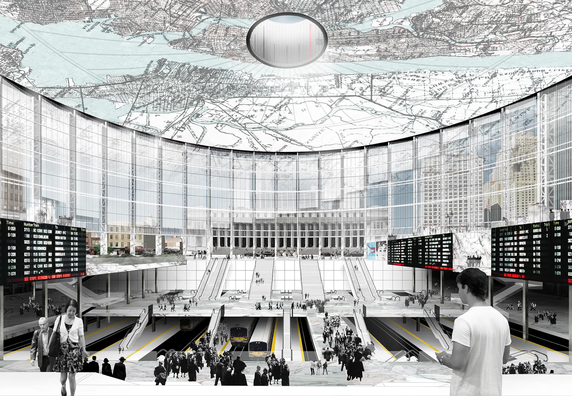 Architectural rendering of a curved transit hall with translucent ceiling, multiple levels, escalators, digital departure boards, and crowds of people by Practice for Architecture and Urbanism.