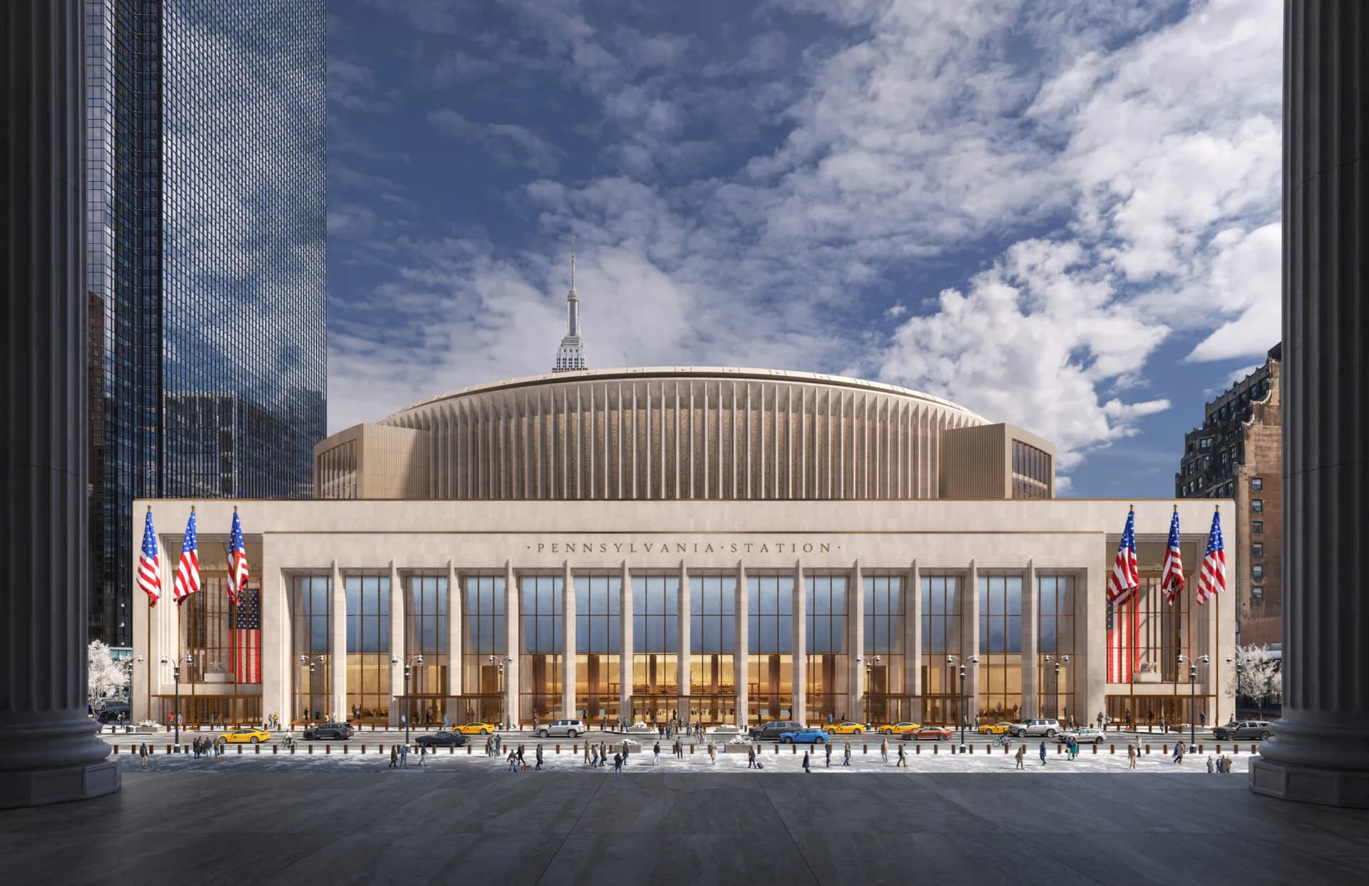 Architectural rendering of a modernist performing arts center with curved ribbed facade, golden interior lighting, and symmetrical American flags, designed by Practice for Architecture and Urbanism (PAU).