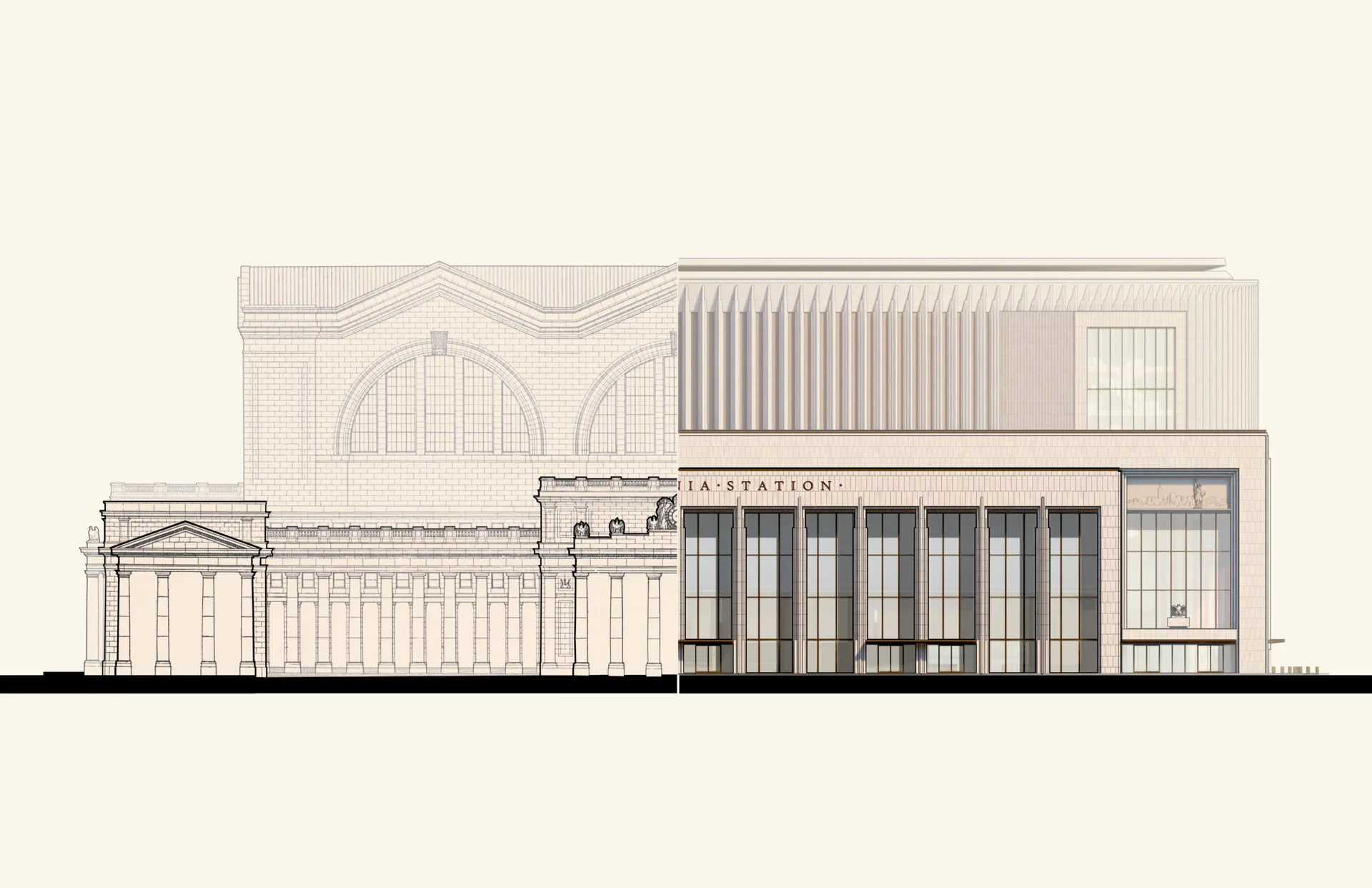 Architectural elevation drawing showing a mixed-use building facade with classical and modern elements, featuring arched windows, vertical ribbed panels, and articulated storefronts by Practice for Architecture and Urbanism (PAU).
