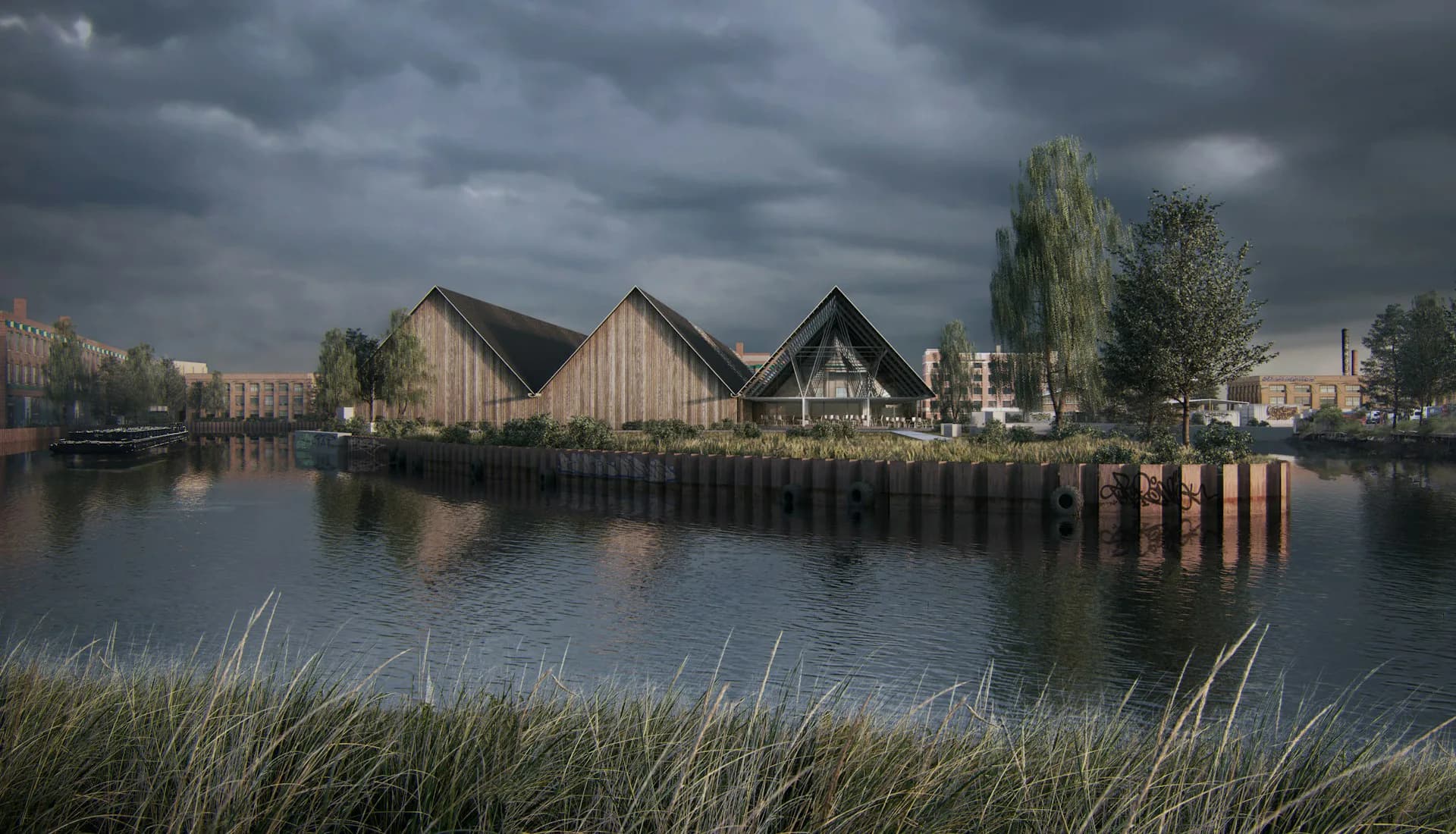 Contemporary waterfront residential buildings with pitched roofs and timber cladding reflected in still water, featuring dramatic cloudy sky and tall poplar trees by P.R.O. - Peterson Rich Office