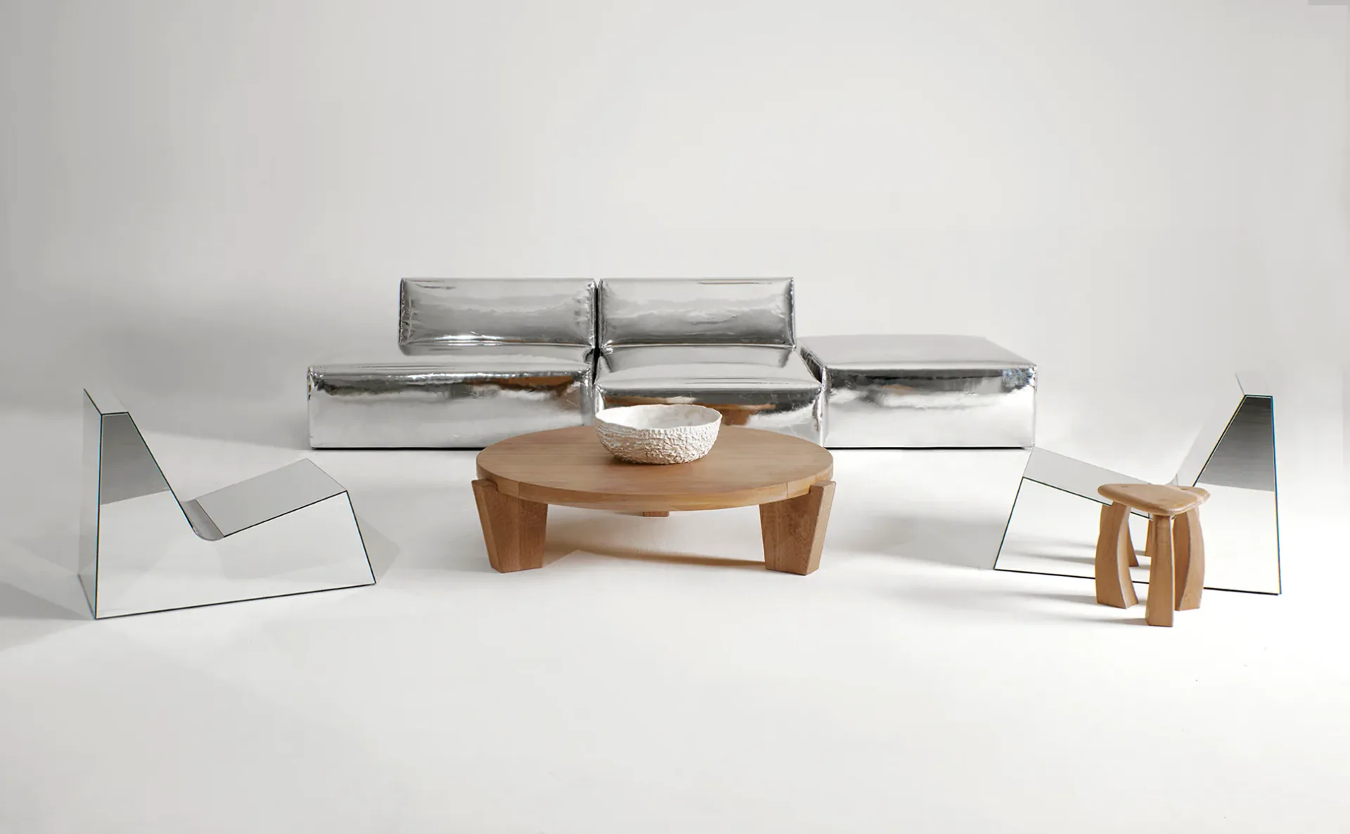 Product design collection featuring wooden table with metal chairs and storage units in minimalist style by Project 213A.