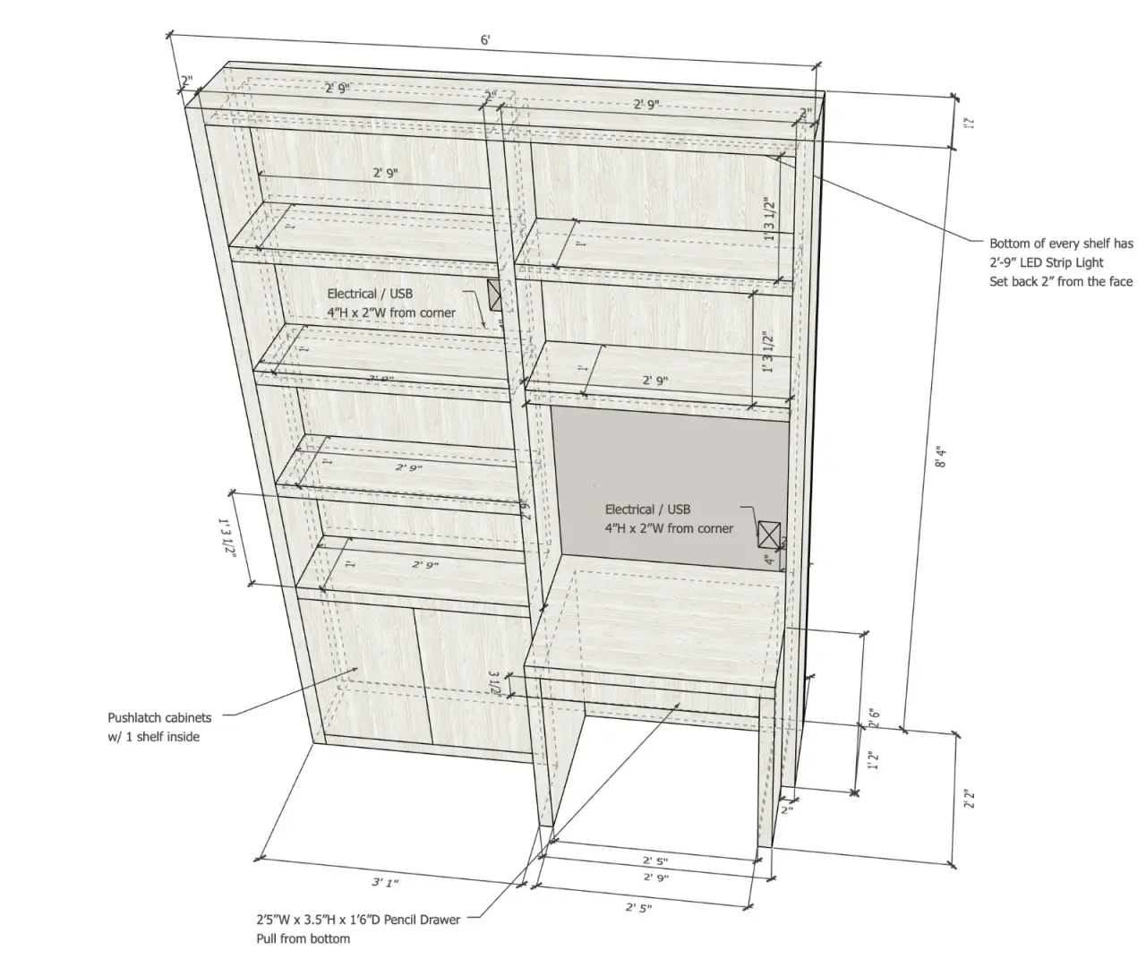 Architectural elevation and section drawing of a built-in shelving and storage unit with detailed dimensioning, showing shelves, drawers, and construction details by She-Interiors.