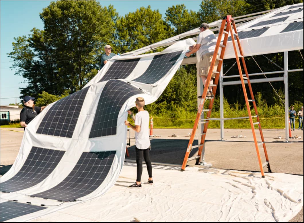 Large-scale flexible solar panel installation unfurled outdoors, demonstrating innovative renewable energy design by Pvilion.