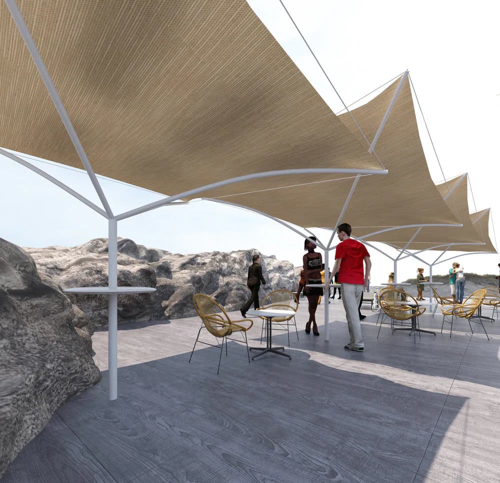 Tensile canopy pavilion with angular fabric sails over a paved terrace with rocky landscape backdrop, figures in casual dress, by Pvilion.