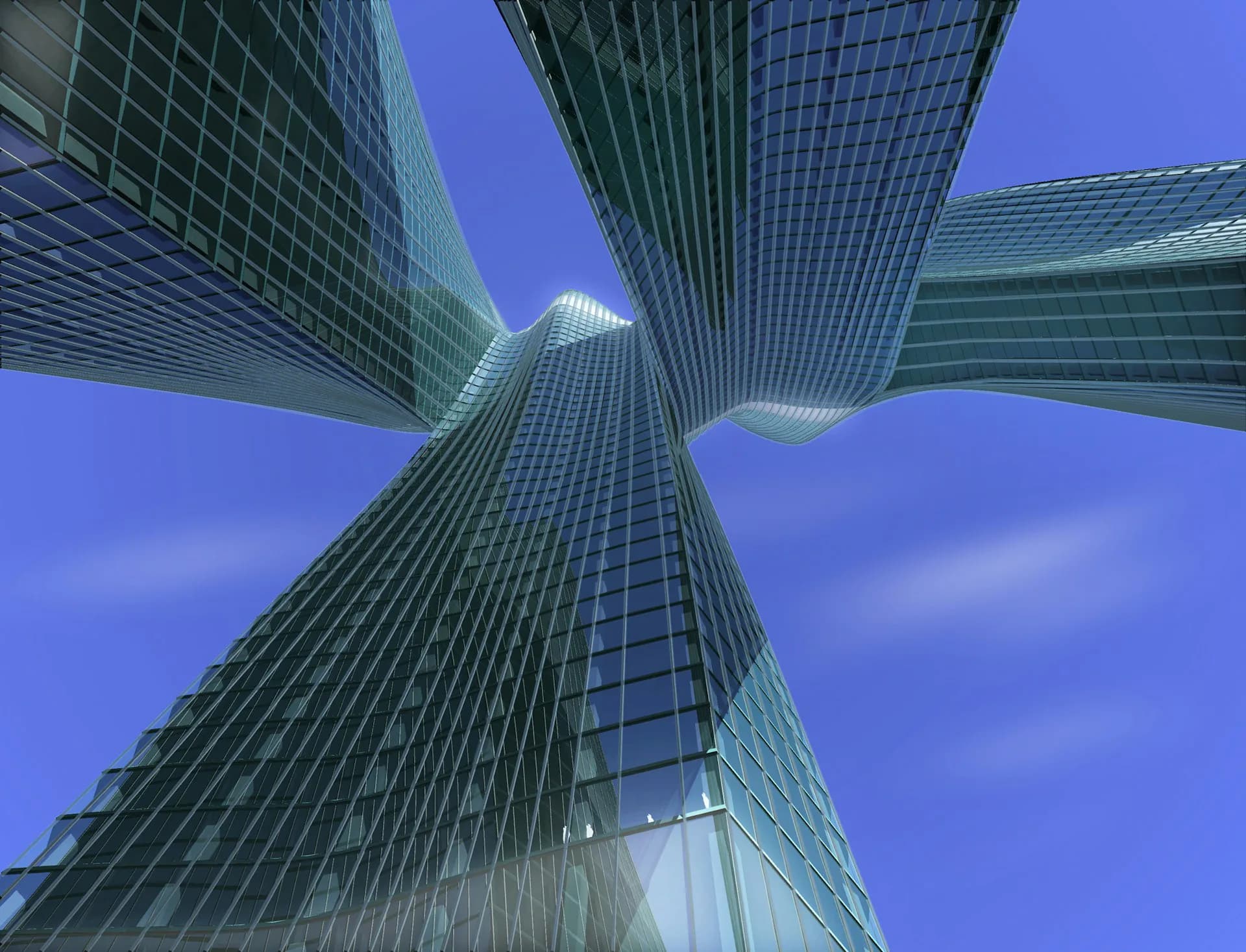 Upward perspective of converging modern glass and steel skyscrapers against clear blue sky, featuring geometric architectural forms by Reiser + Umemoto.