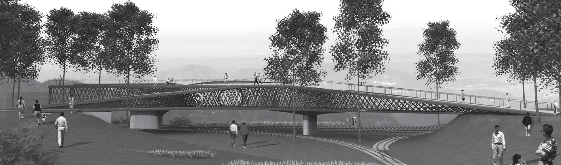 Architectural rendering of a modern curved pedestrian bridge with latticed railings spanning over a plaza, surrounded by trees and figures, in grayscale by Reiser + Umemoto.