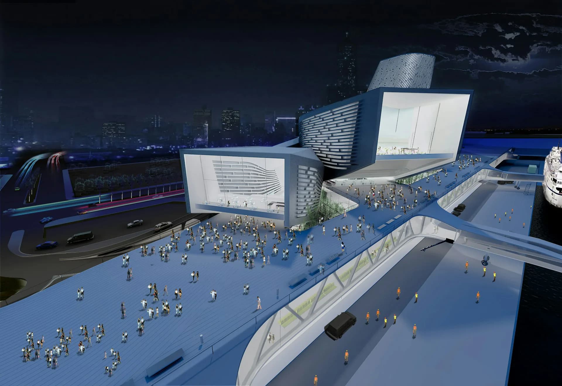 Architectural rendering of a waterfront plaza with blue paving, synthetic crowds of people, modern white pavilions, and stylized nighttime city skyline by Reiser + Umemoto.