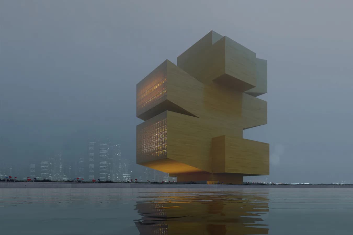 Stacked cubic architectural rendering with warm-toned translucent volumes reflected in still water, creating a geometric composition by REX.