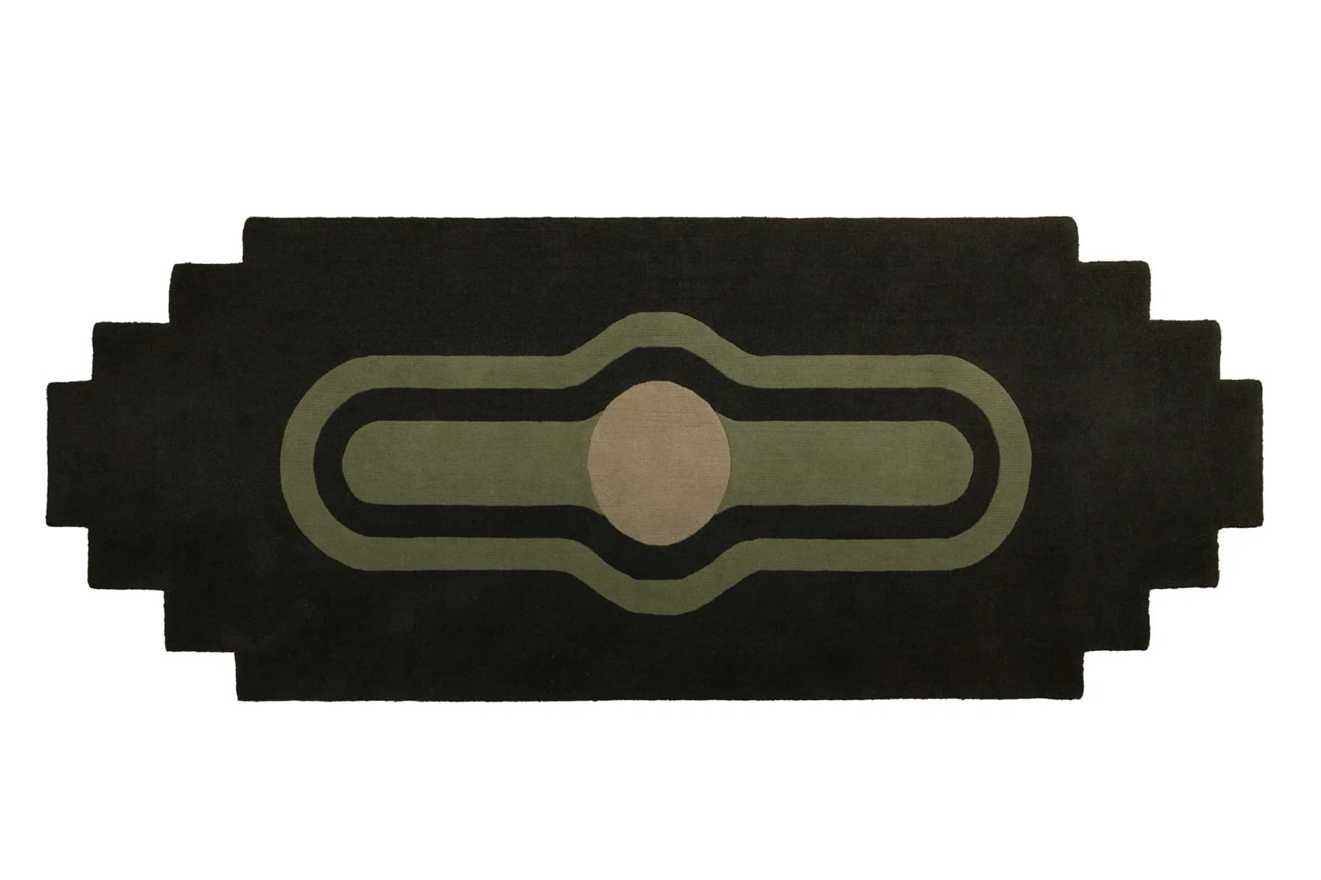 Pixelated digital illustration of a horizontal elongated handle or connector with rounded ends and central sphere detail, rendered in muted olive and black tones by Rhyme Studio.