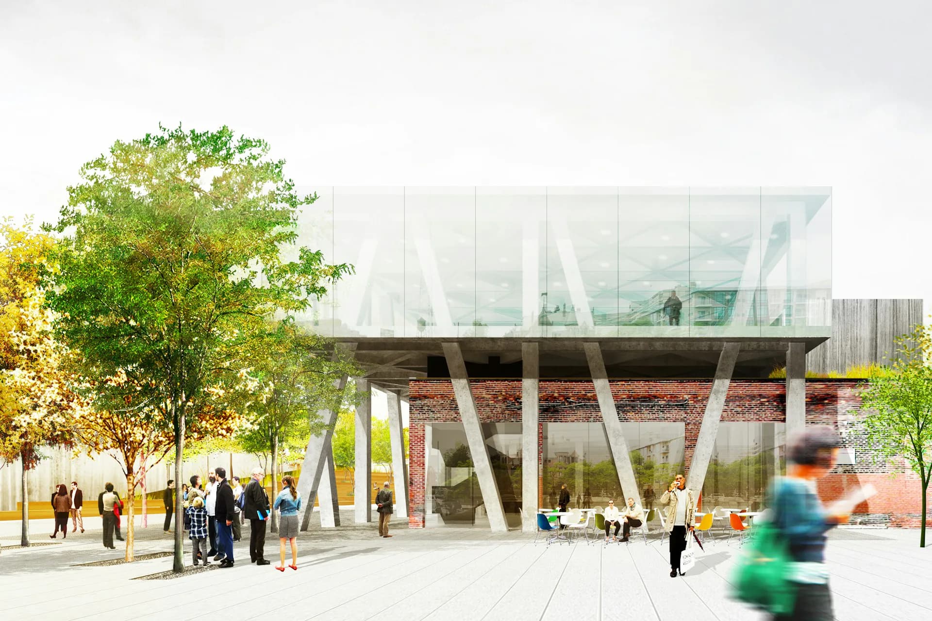 Architectural rendering of a modern public building with glass upper level and brick base, featuring stylized trees and ghosted figures in the plaza, by Rice+Lipka Architects.