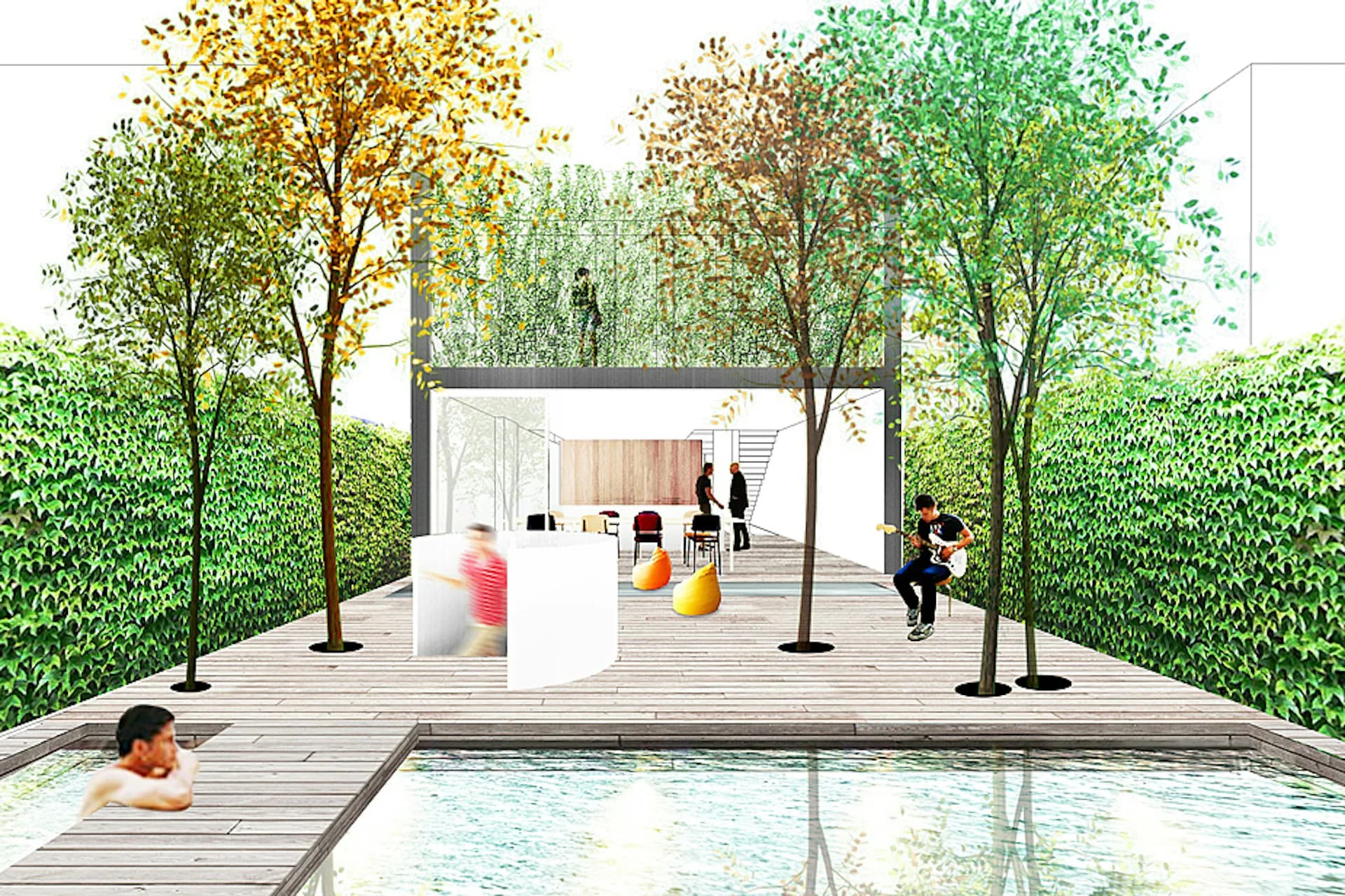 A contemporary courtyard design featuring a white pavilion structure, reflecting pool, mature trees, and ivy-covered walls with figures moving through the space by Rice+Lipka Architects.