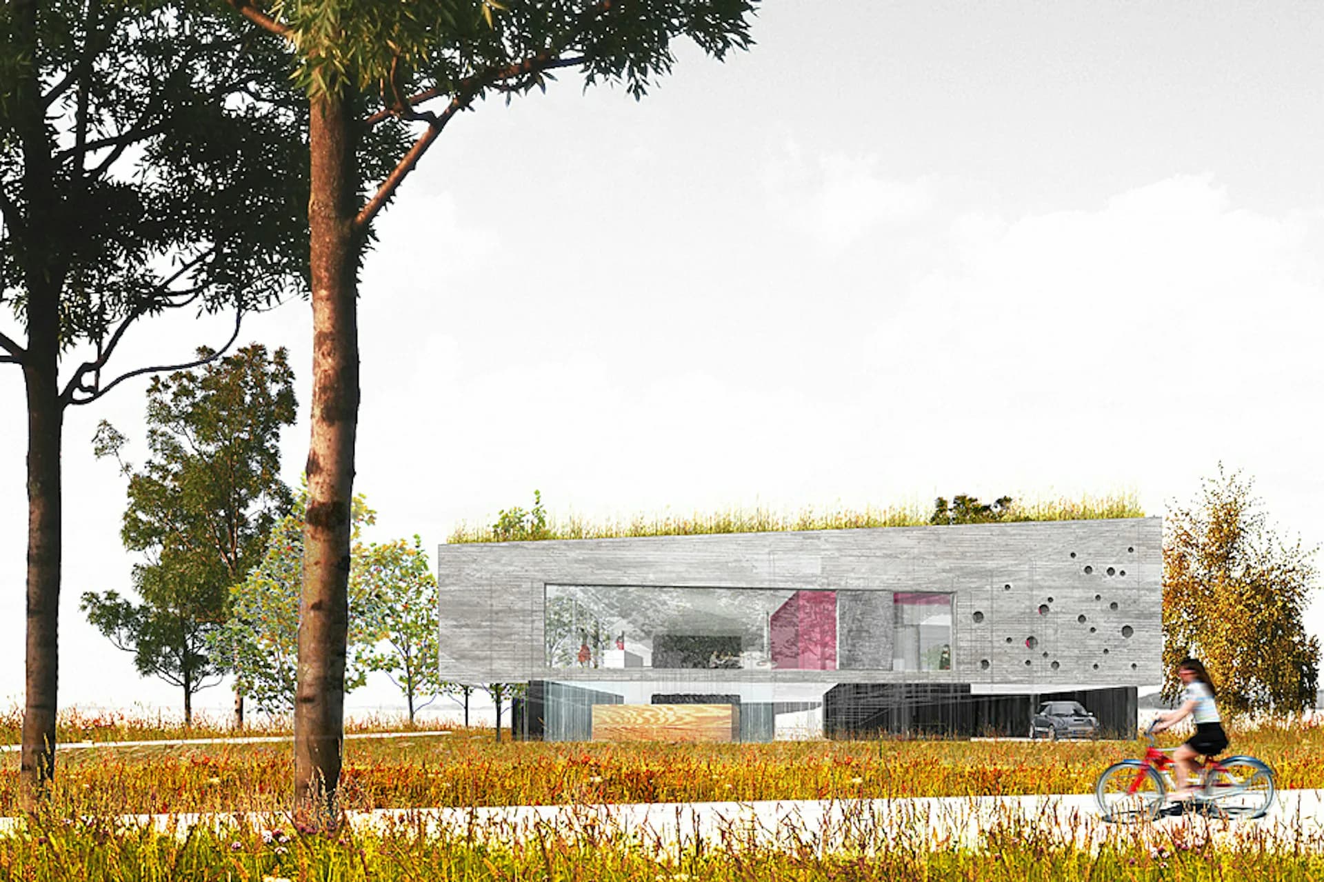Modern institutional building with concrete facade and pink accents set in agricultural landscape with tall tree and flooded fields, by Rice+Lipka Architects.