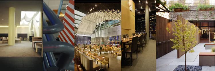 Four interior and exterior spaces showcasing modern architectural design with varied materials, lighting, and spatial arrangements by Richard Bloch Architect.