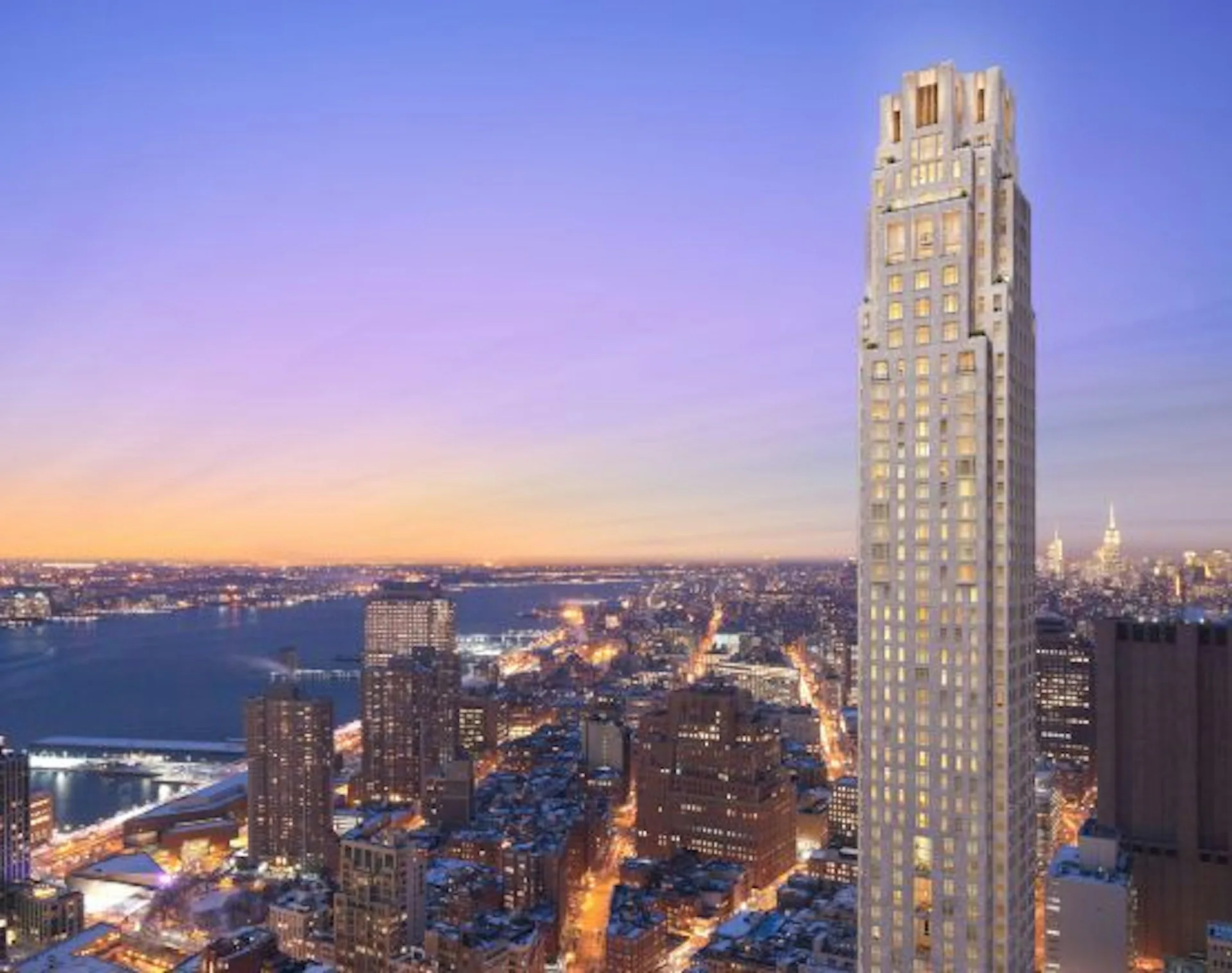 Twilight cityscape featuring a tall residential tower with illuminated façade overlooking water and Manhattan skyline by Robert A.M. Stern Architects (RAMSA).