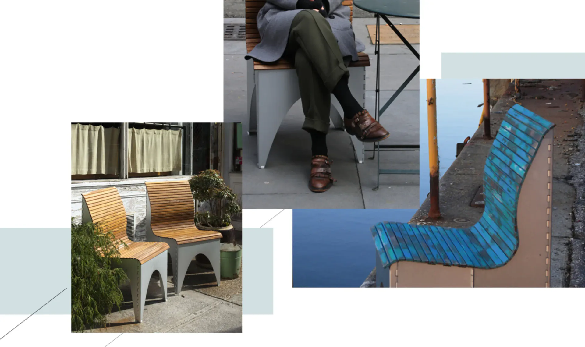 Collage of outdoor seating installations featuring modern lounge chairs, blue sculptural seating elements, and relaxation spaces with natural landscaping by RockPaperRobot.