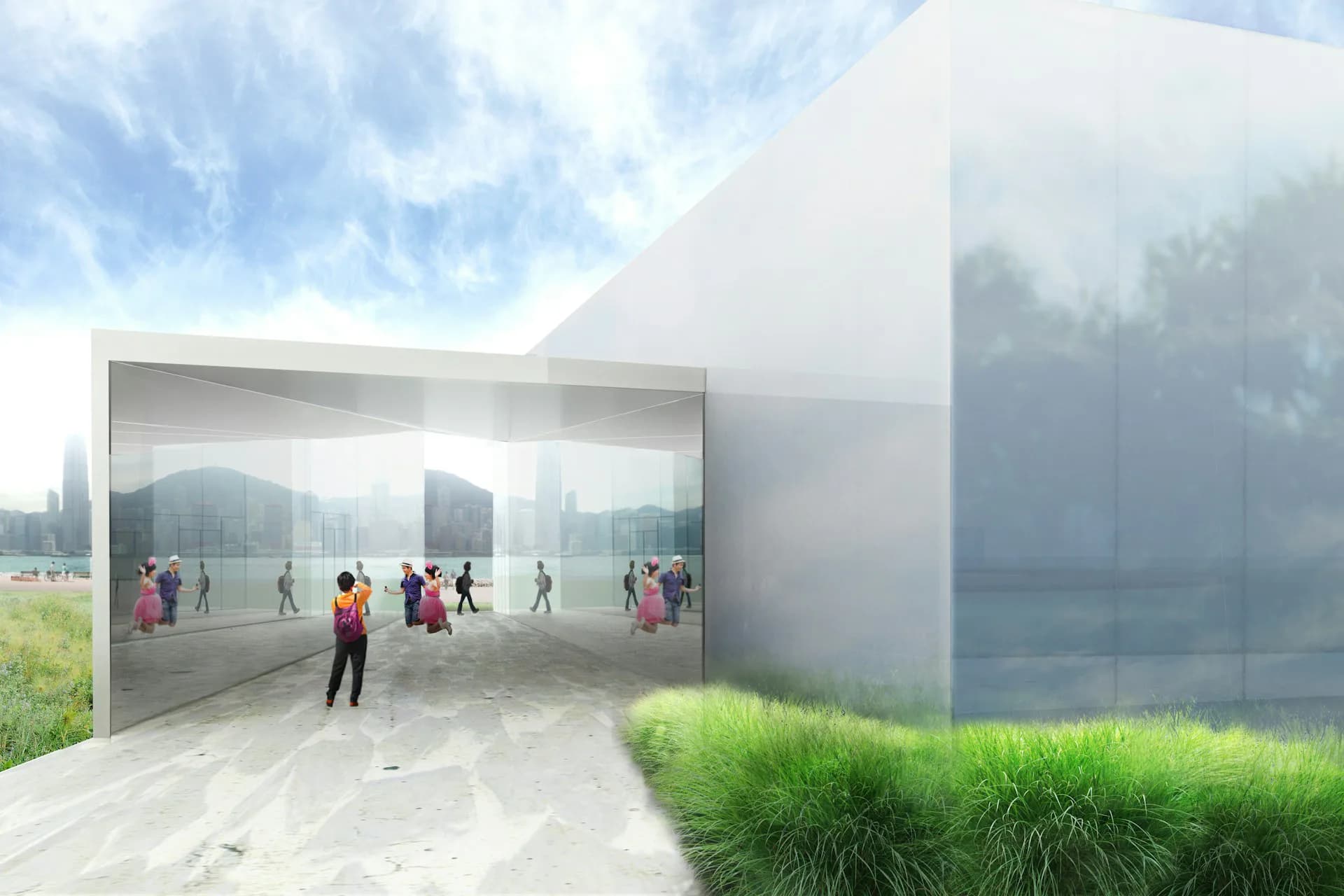Architectural rendering of a modern pavilion with translucent glass walls opening to a sandy courtyard with native grasses and distant mountains, showing silhouetted figures by ROGERS PARTNERS Architects+Urban Designers.