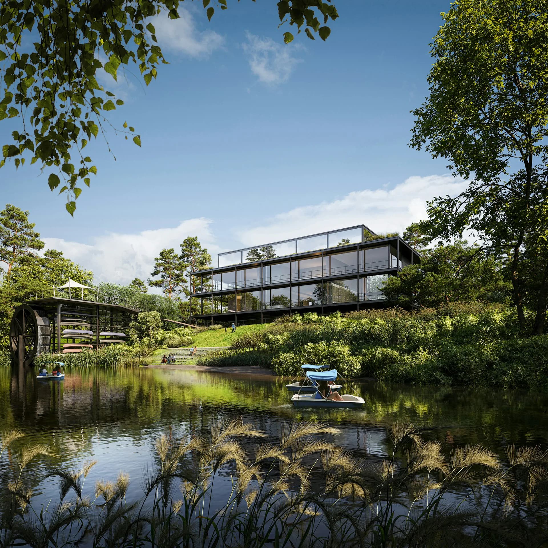 Modern residential building with steel and glass facade overlooking a naturalistic pond and wetland landscape by Rottet Studio.