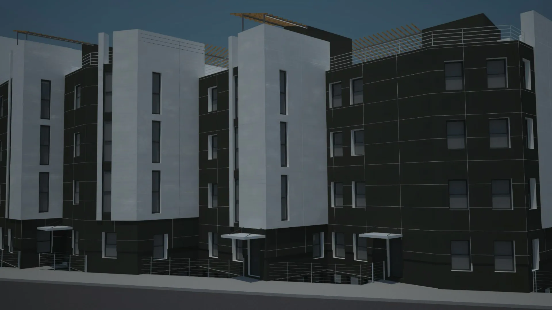 Contemporary residential building complex featuring white and dark facade panels with vertical window columns and modern architectural detailing by RTSPCPINNACLE Architecture & Design.