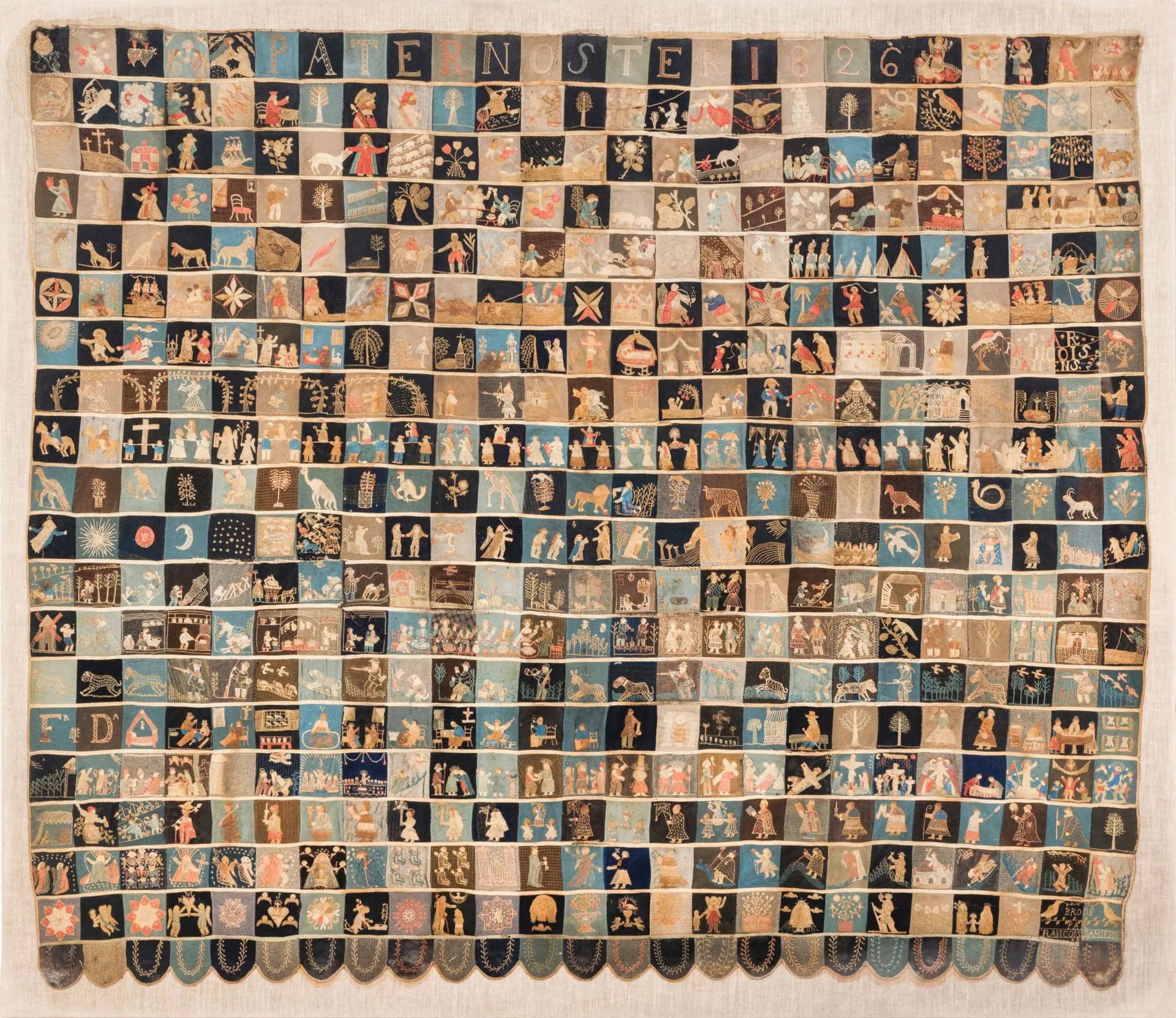 A custom patchwork rug composed of numerous small photographs arranged in a grid pattern, featuring sepia and color tones, with a scalloped border detail, designed by Rug & Kilim.