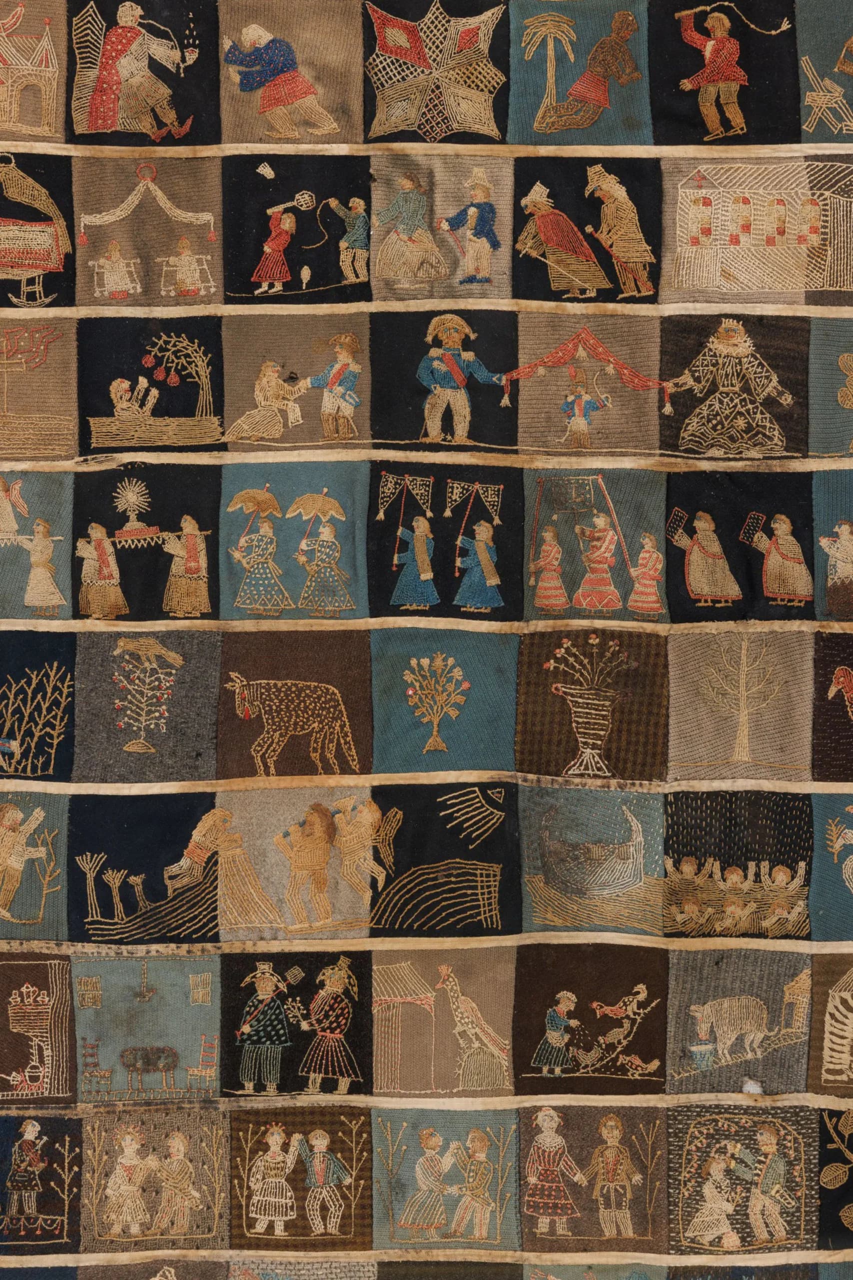 A textile portfolio piece displaying a grid of decorative rug samples with classical and figurative motifs in earth tones, blues, and golds by Rug & Kilim.