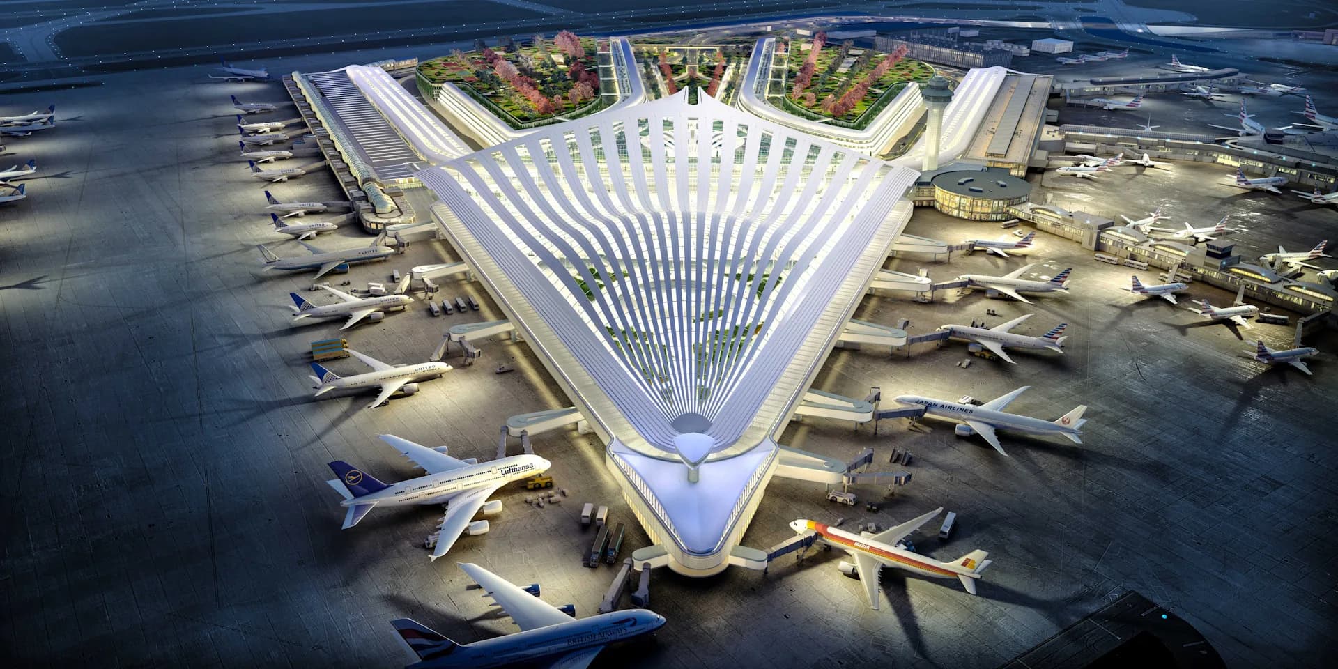 Aerial view of a white ribbed terminal building with symmetrical wings surrounded by aircraft gates and tarmac, architectural rendering by SANTIAGO CALATRAVA.