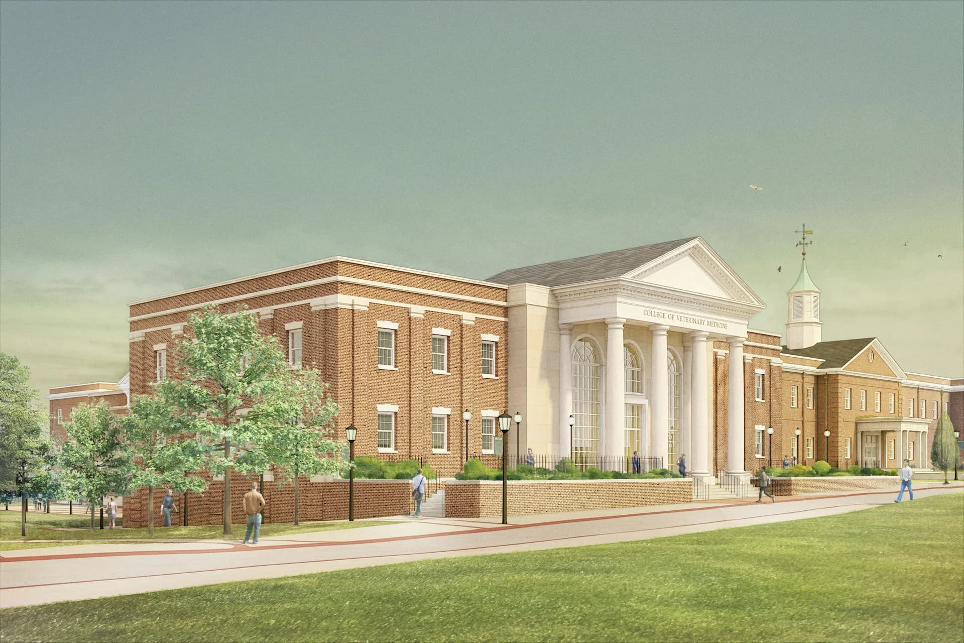 Brick institutional building with white columned portico and pitched roof gable, surrounded by manicured lawn and trees, rendered in warm daylight by SBLM Architects.