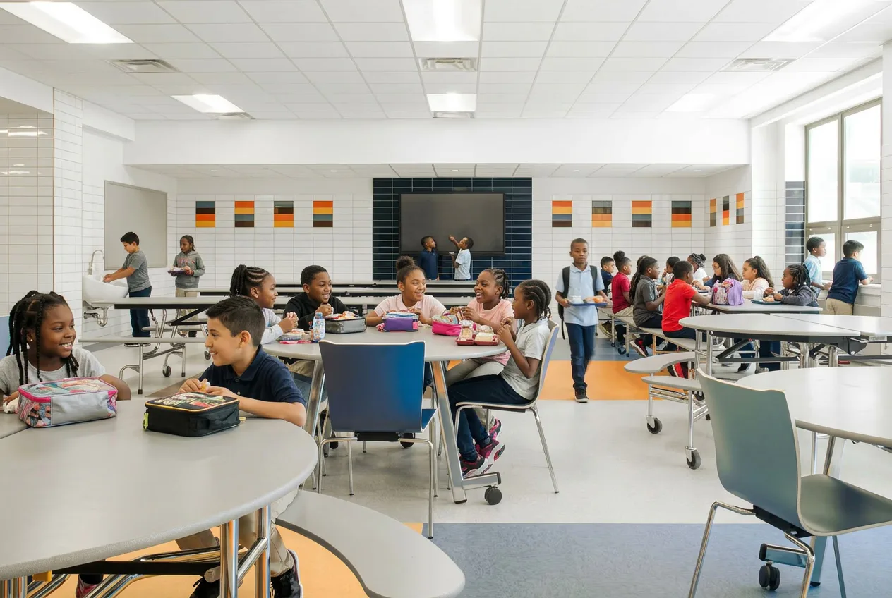 Bright, modern elementary school classroom with flexible furniture, round tables, colorful wall displays, and collaborative learning spaces designed by SBLM Architects.
