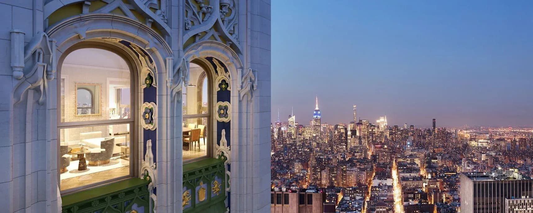 Luxurious penthouse interior with illuminated arched windows overlooking Manhattan skyline at dusk, featuring elegant architectural lighting by Schwinghammer Lighting.
