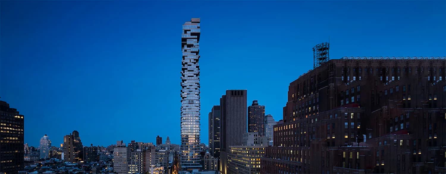 Manhattan skyline at dusk featuring 56 Leonard Street tower with architectural lighting design by Schwinghammer Lighting.