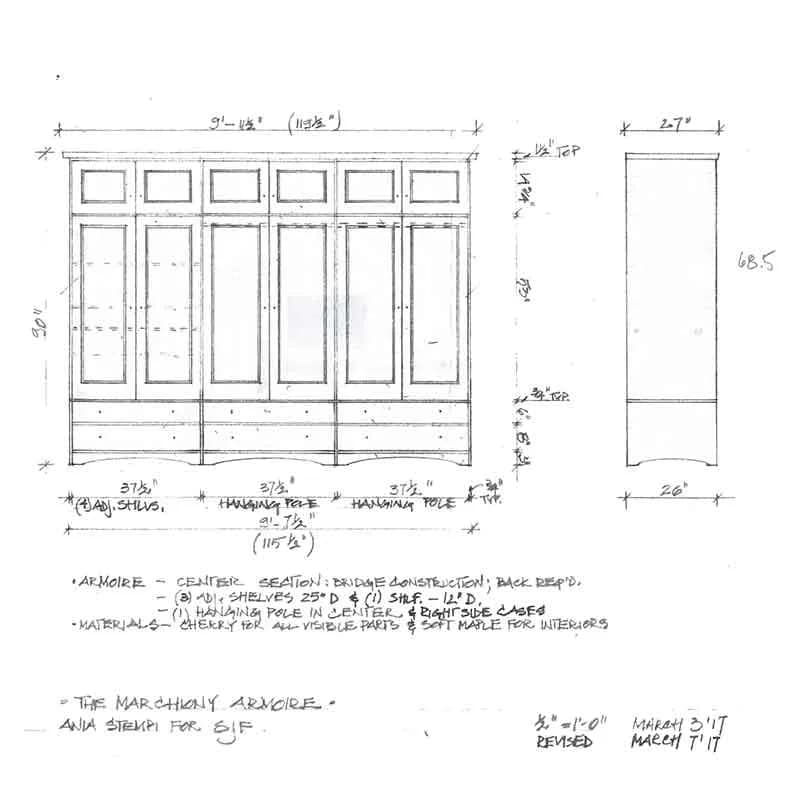 Architectural elevation and detail drawings for a custom cabinetry installation with six tall paneled doors and hardware specifications by Scott Jordan Furniture.