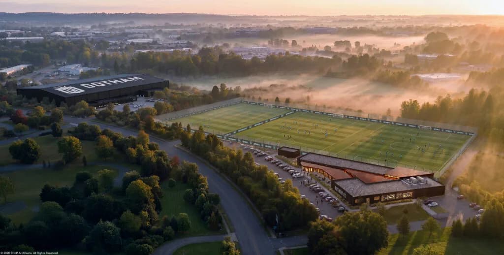 Aerial view of a sports facility with manicured fields, parking areas, and surrounding landscape rendered in warm golden light by SHoP Architects.