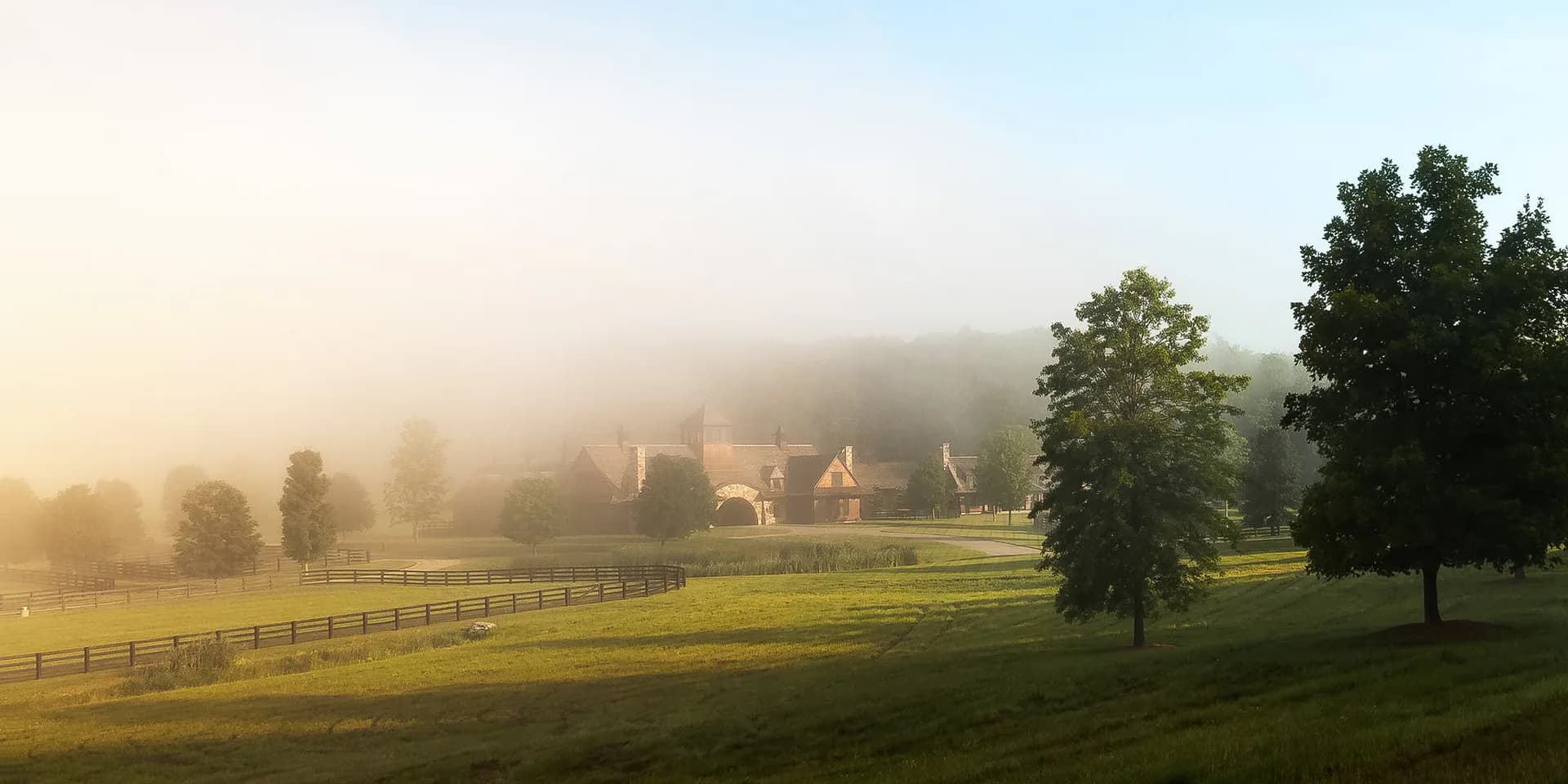 Misty morning landscape featuring a classical estate with manicured grounds, tree-lined pastures, and soft golden light filtering through fog, by Shope Reno Wharton Associates.