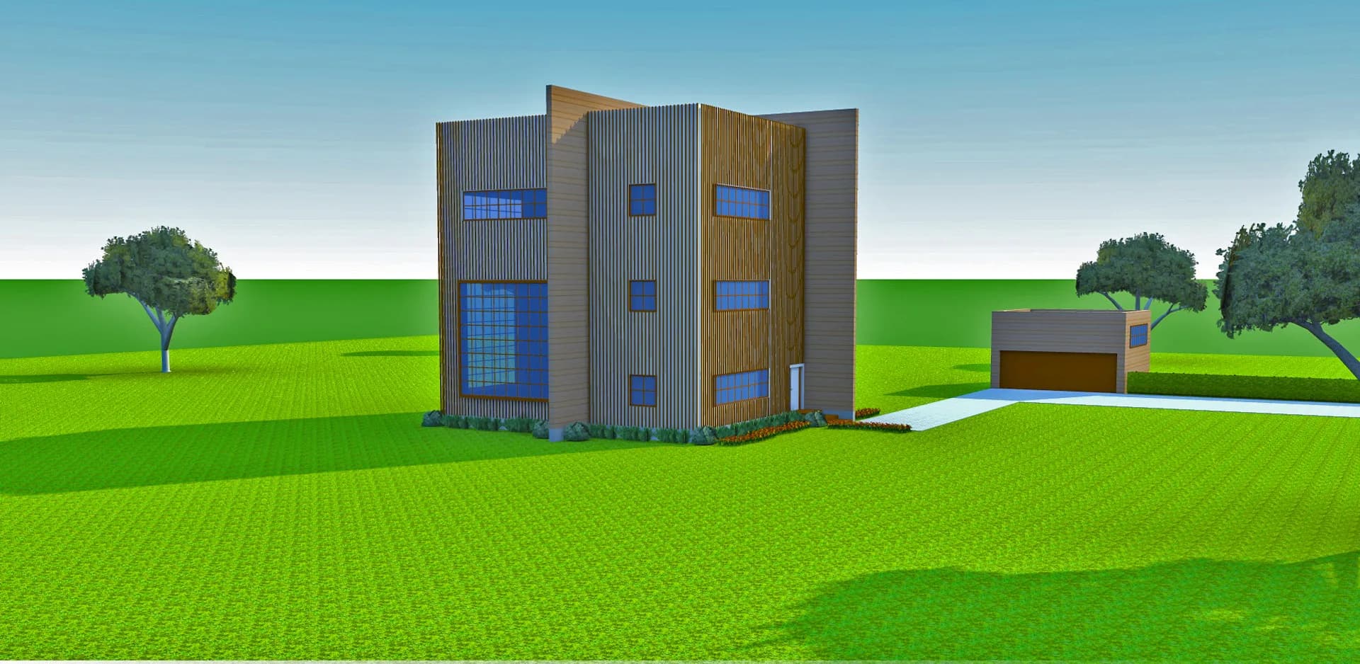 Modern cubic residential building with copper and gray paneling set in a stylized green landscape with geometric trees by Sibertekture.