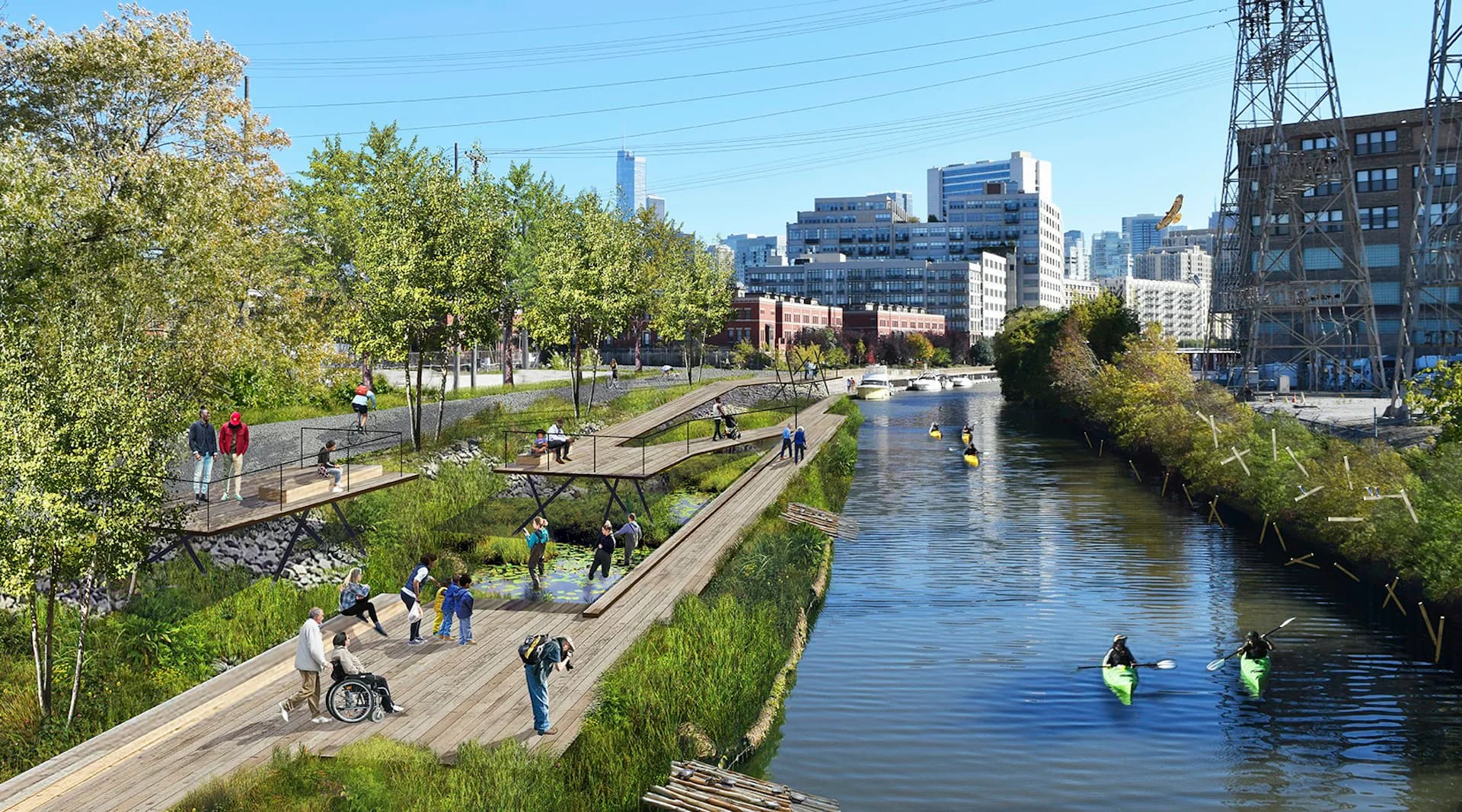 Waterfront park with walking paths, green landscaping, and water features alongside an urban canal with city skyline beyond, designed by Skidmore, Owings & Merrill (SOM).