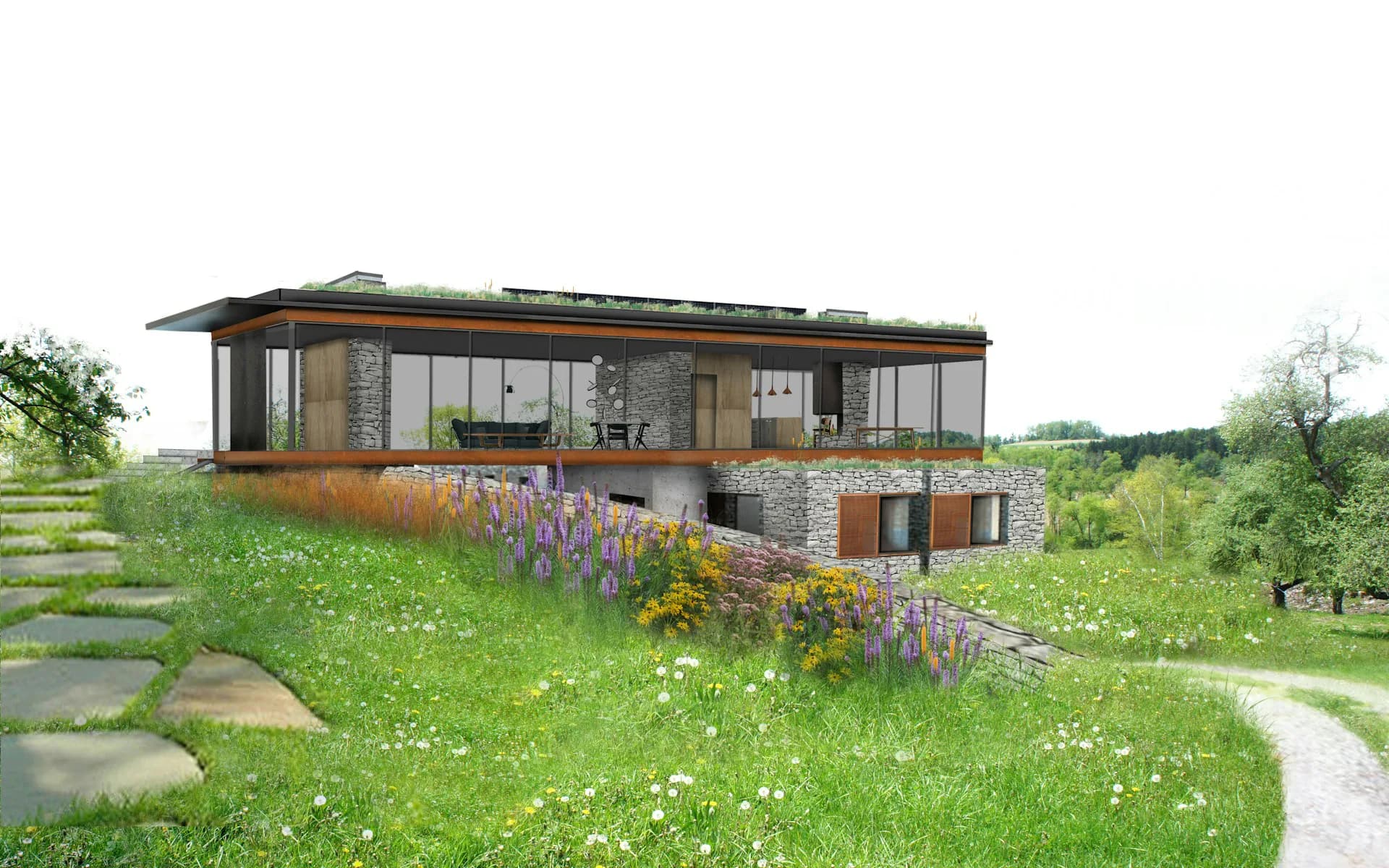 Modern residential building with stone and glass facade nestled in rolling meadow with wildflowers and stepping stone pathways by SLADE ARCHITECTURE.