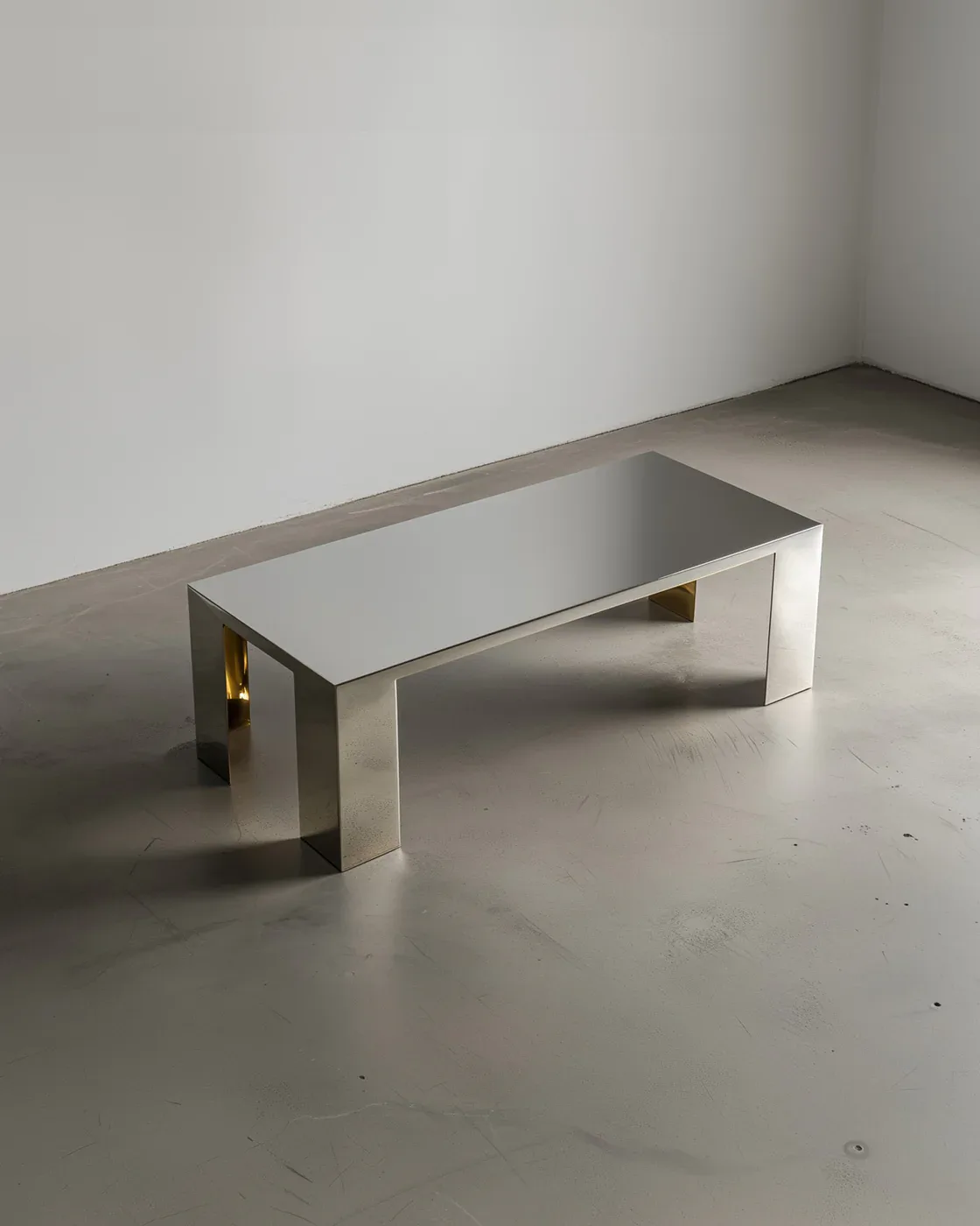 Minimalist white rectangular table with clean lines and a small brass detail on its side, positioned in a bright gallery space by Slash Objects.