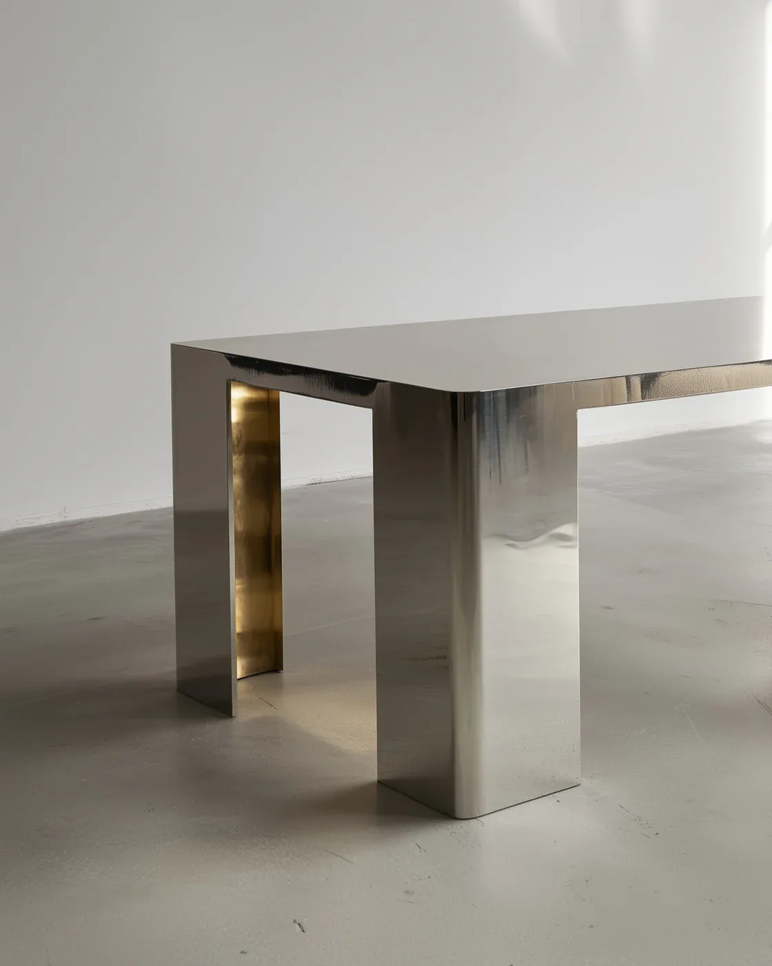 Minimalist steel table with geometric form and brass accent detail on polished concrete floor, industrial aesthetic by Slash Objects.