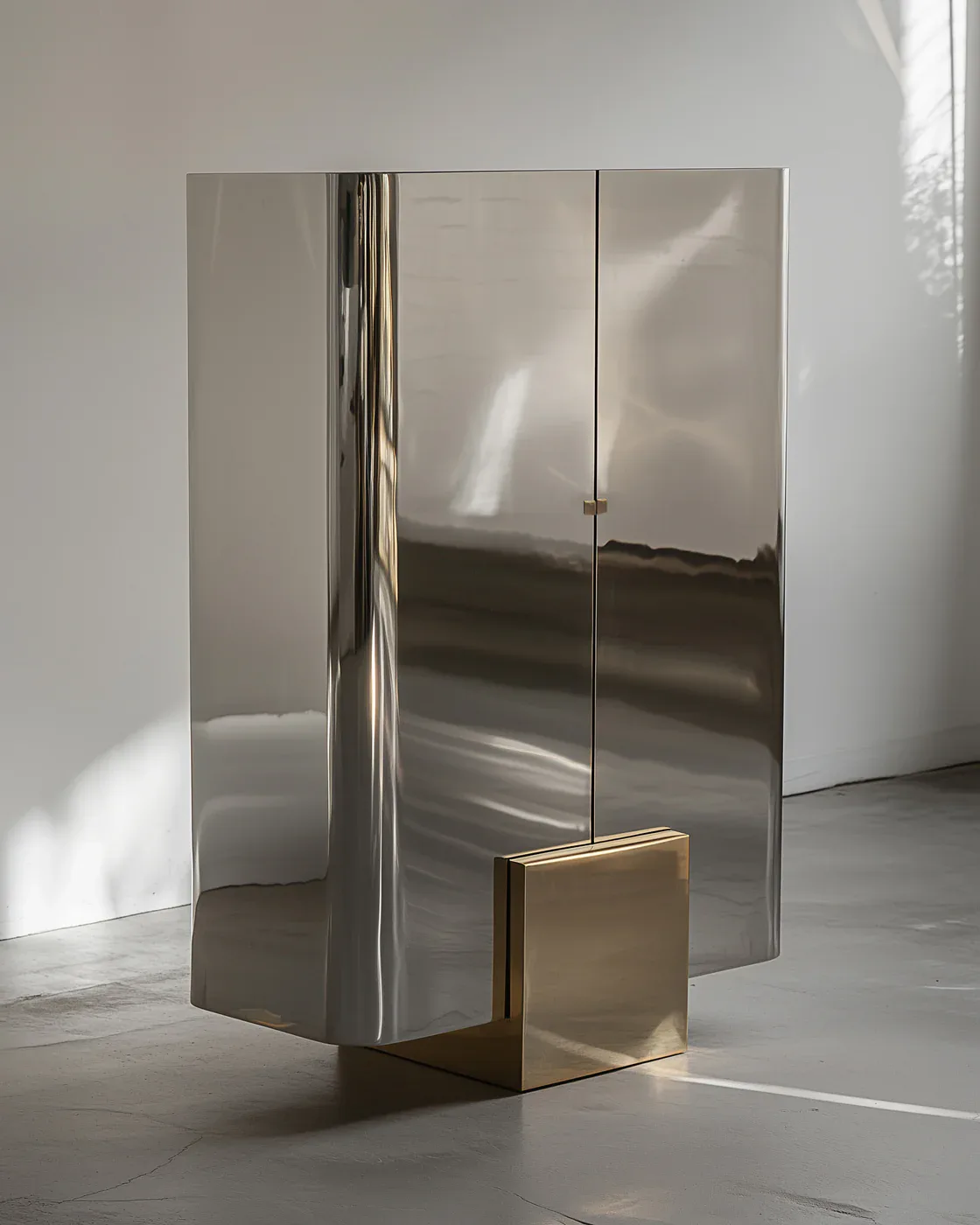 Minimalist sculptural installation featuring polished stainless steel and brass geometric forms casting dramatic shadows in a bright gallery space by Slash Objects.