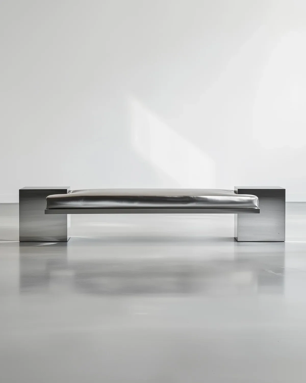 Minimalist steel bench with polished chrome handle and sleek geometric base on reflective floor by Slash Objects.