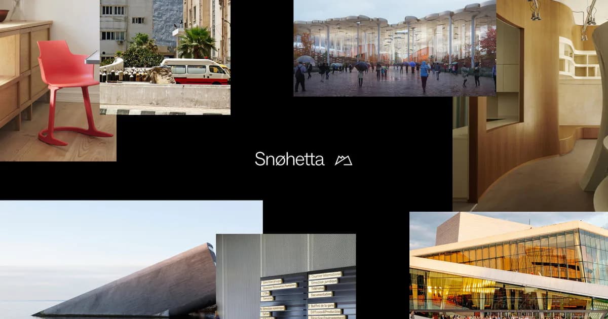 Portfolio collage showcasing diverse interior and architectural spaces including modern furniture, public plazas, minimalist corridors, and contemporary buildings with varied materiality and lighting by Snøhetta New York.